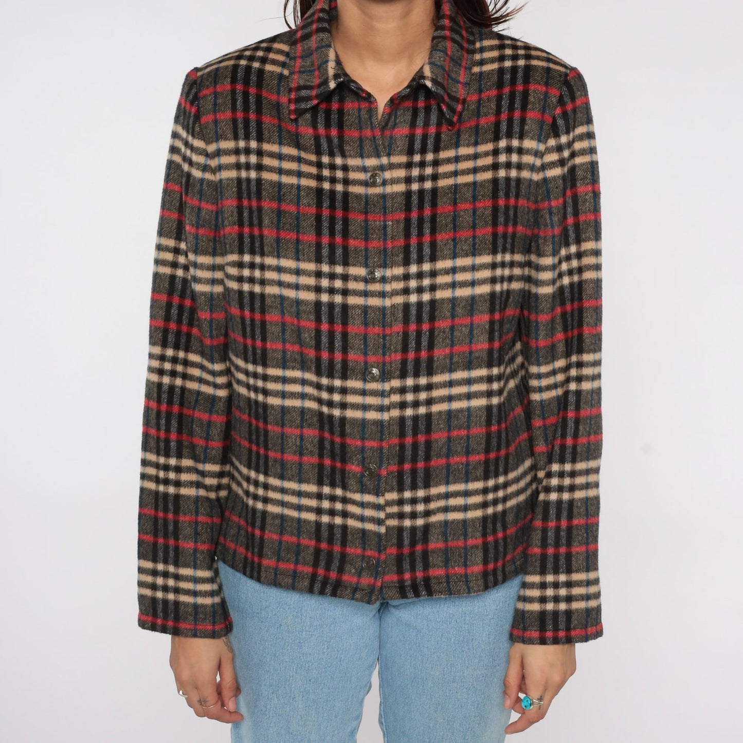 90s Evan Picone Plaid Wool Jacket Red Grey Button Up Medium