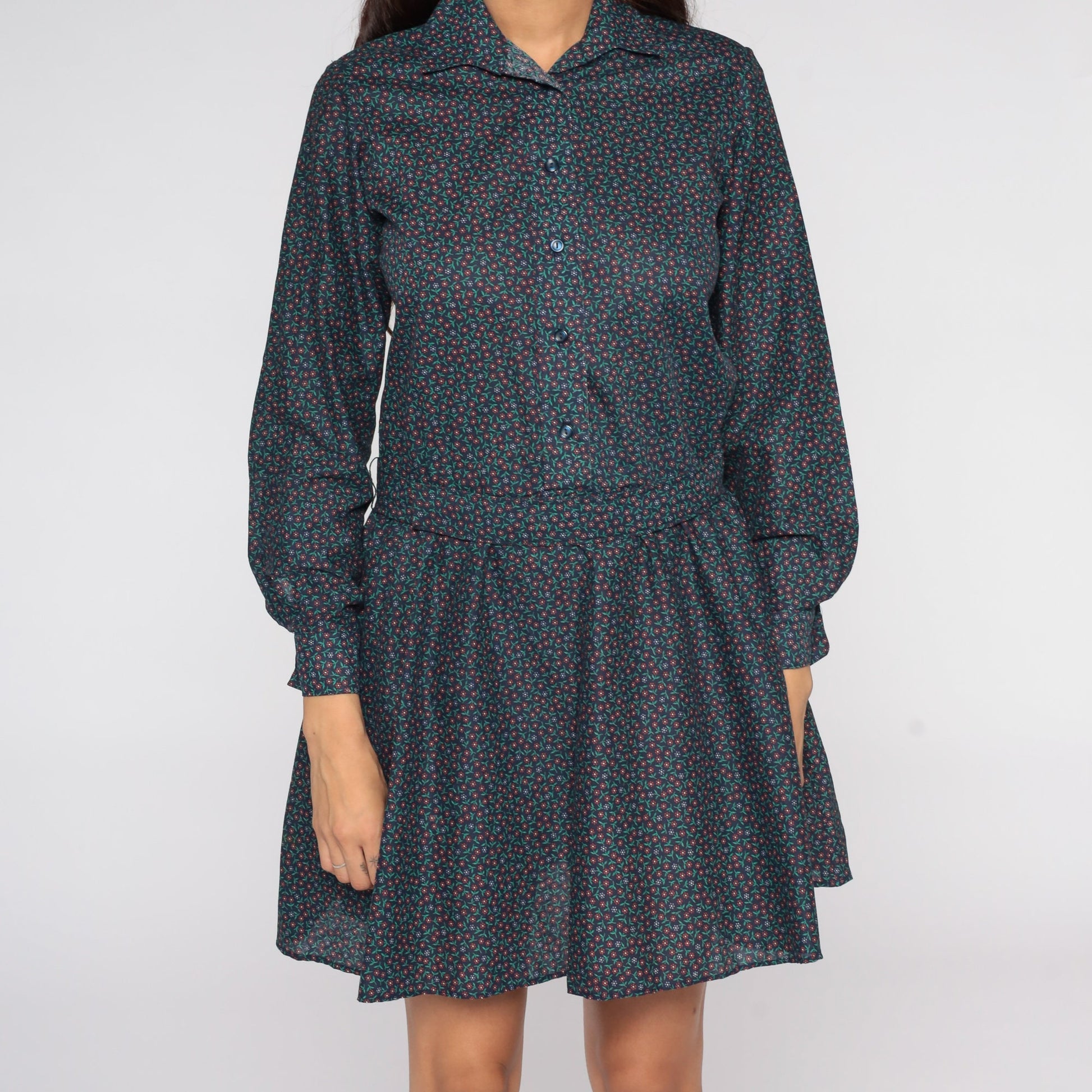 80s Blue Floral Mini Dress Long Sleeve Button Front Low Waist Small