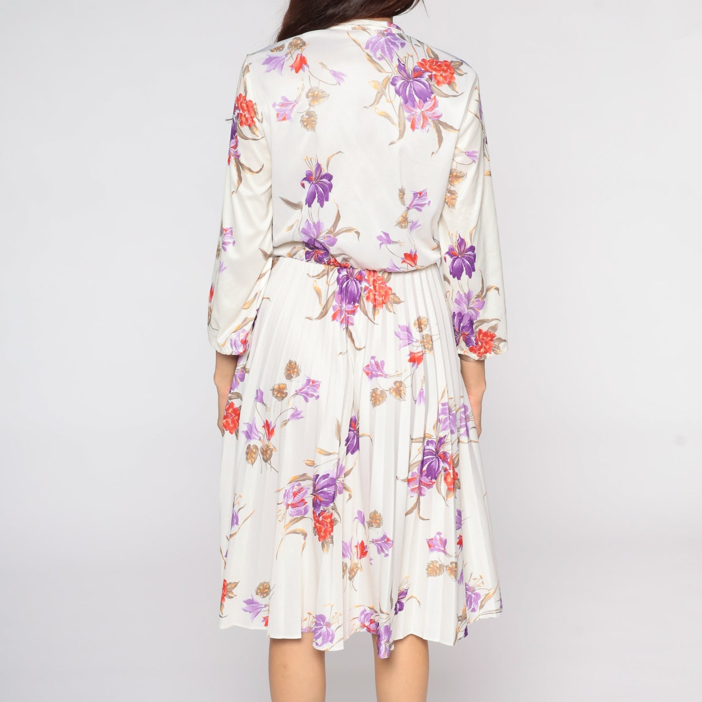 70s Cream Floral Midi Dress High Waist Pleated Button Up Long Sleeve Small Medium