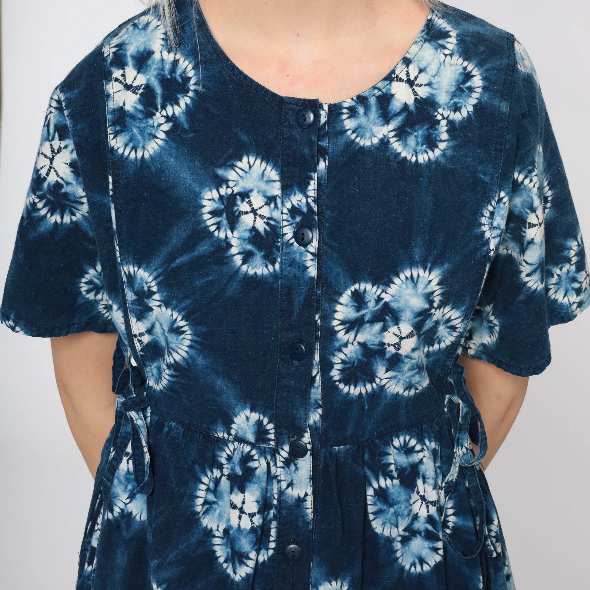 90s Tie Dye Midi Dress Blue Floral Empire Waist Button Front Cotton Medium