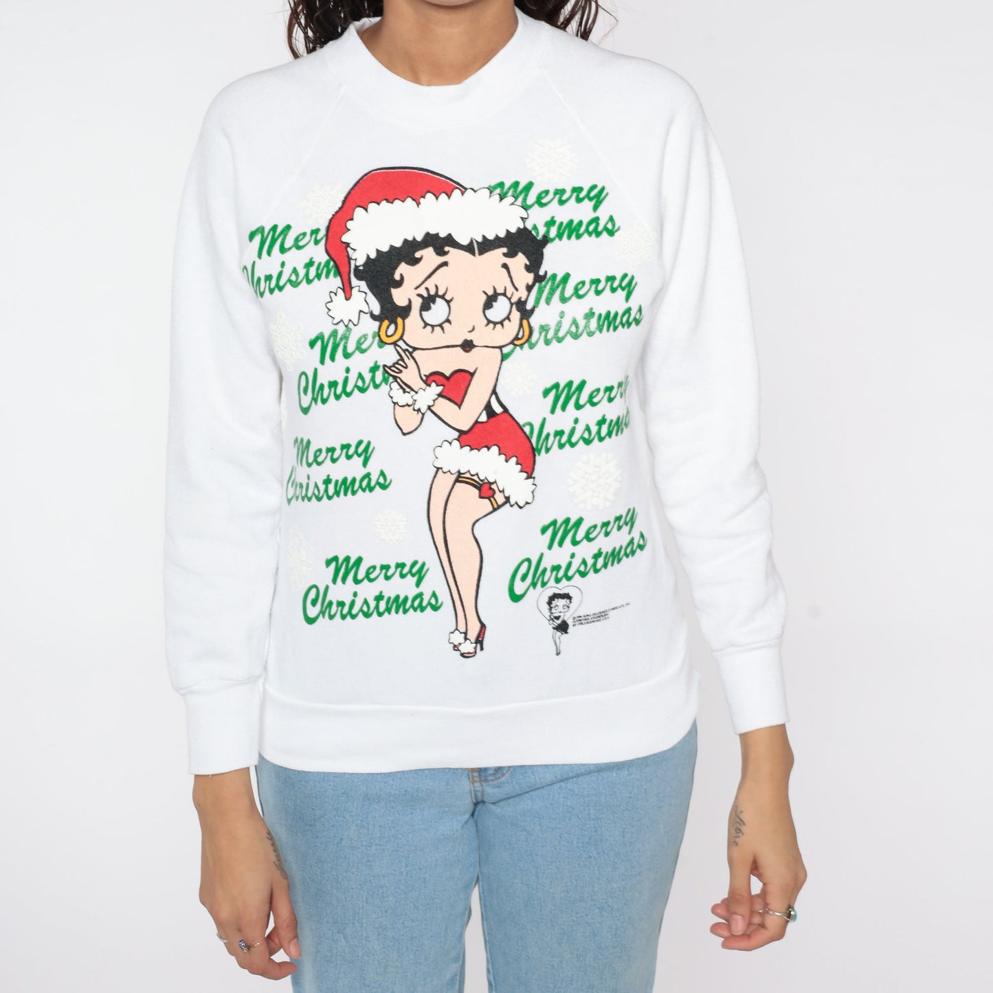 90s Betty Boop Merry Christmas Sweatshirt White Graphic Crewneck Small