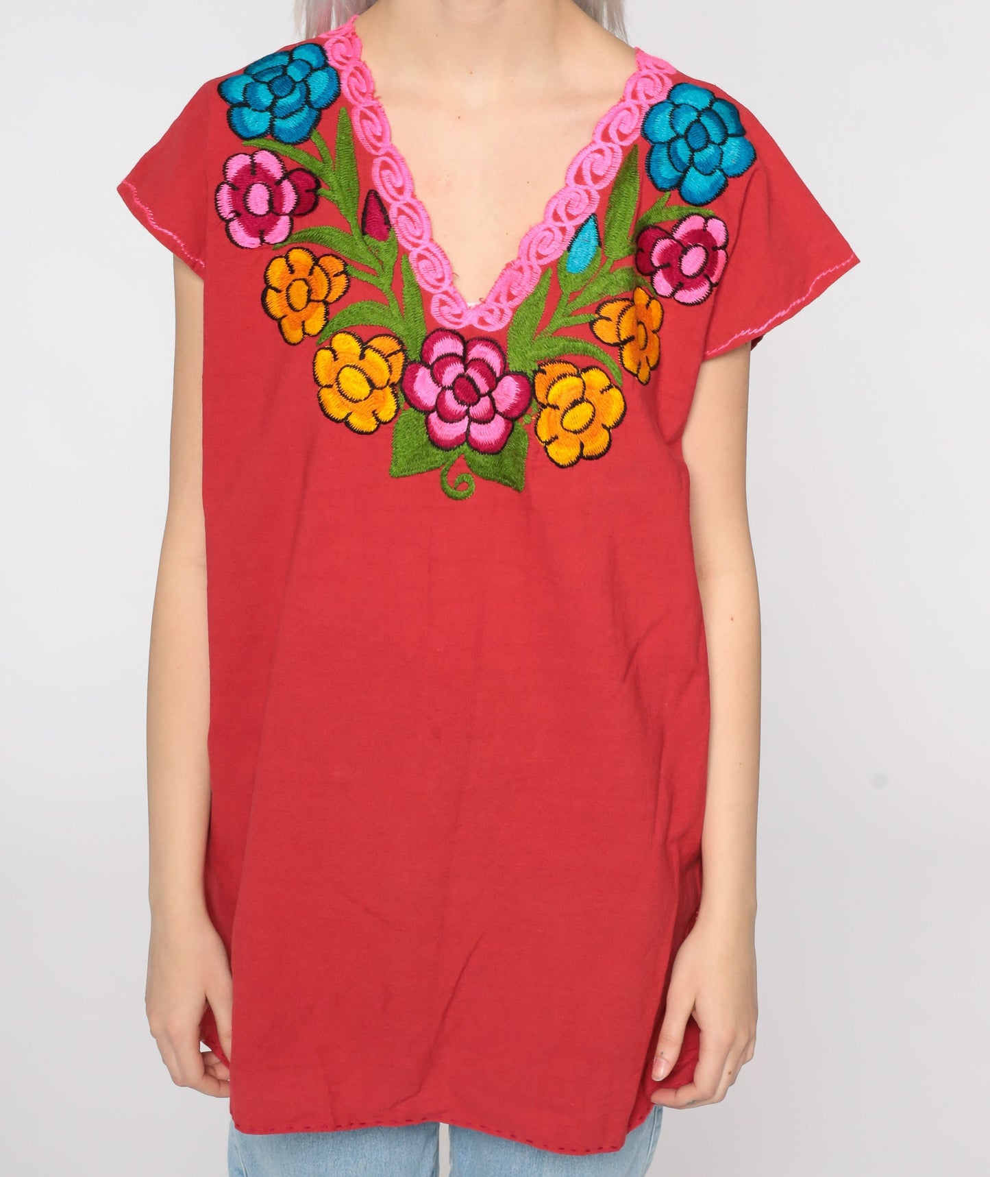 80s Red Embroidered Mexican Cotton Tunic Blouse Floral Short Sleeve Large