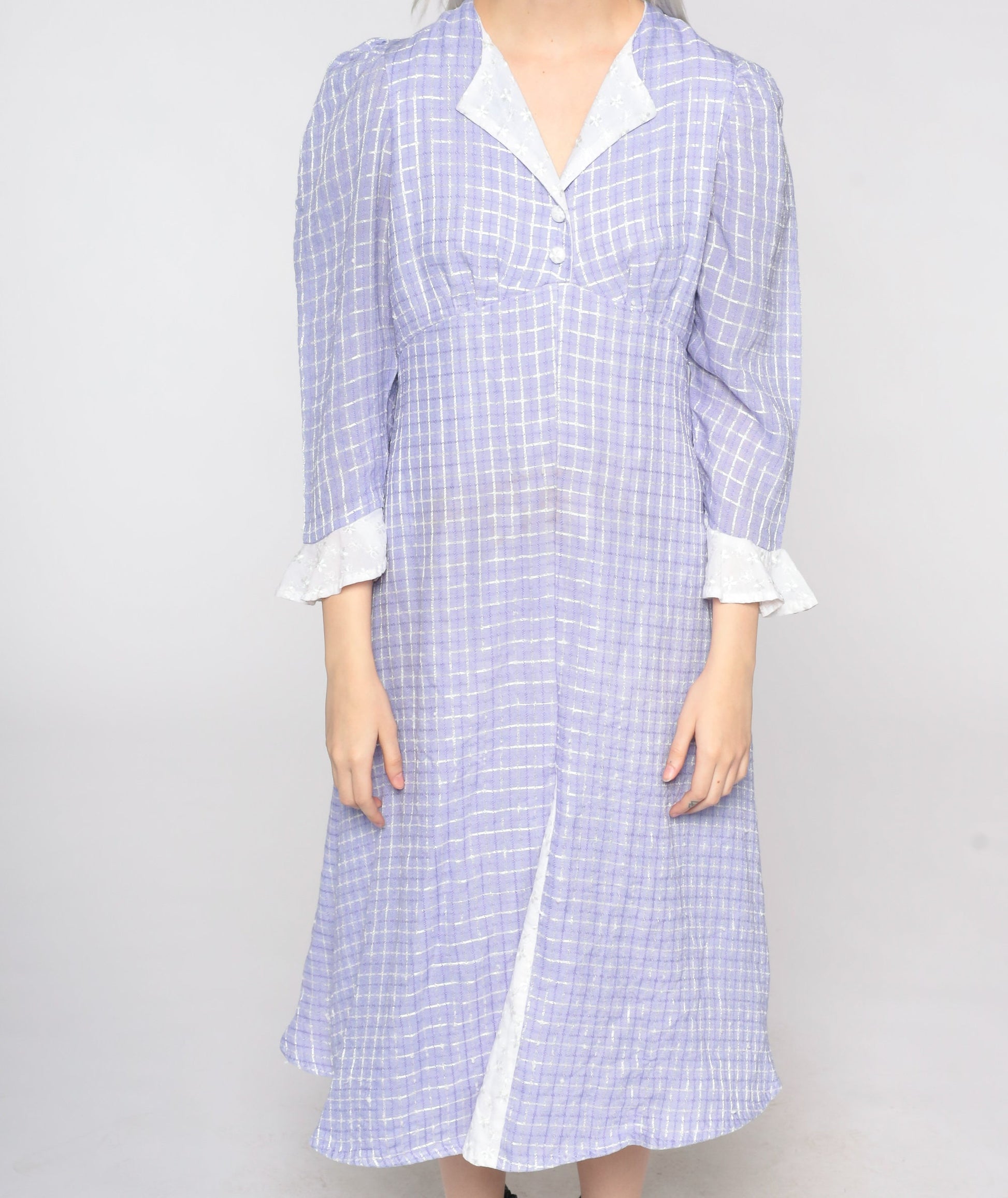 70s Purple Checkered Dress Puff Sleeve Empire Waist Midi Small