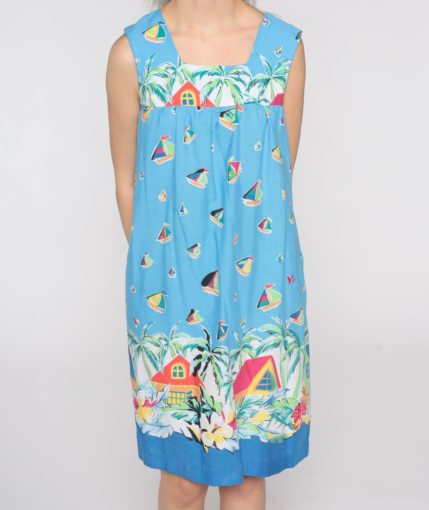 80s Sailboat Tropical Print Trapeze Dress Sleeveless Mini Cotton Small