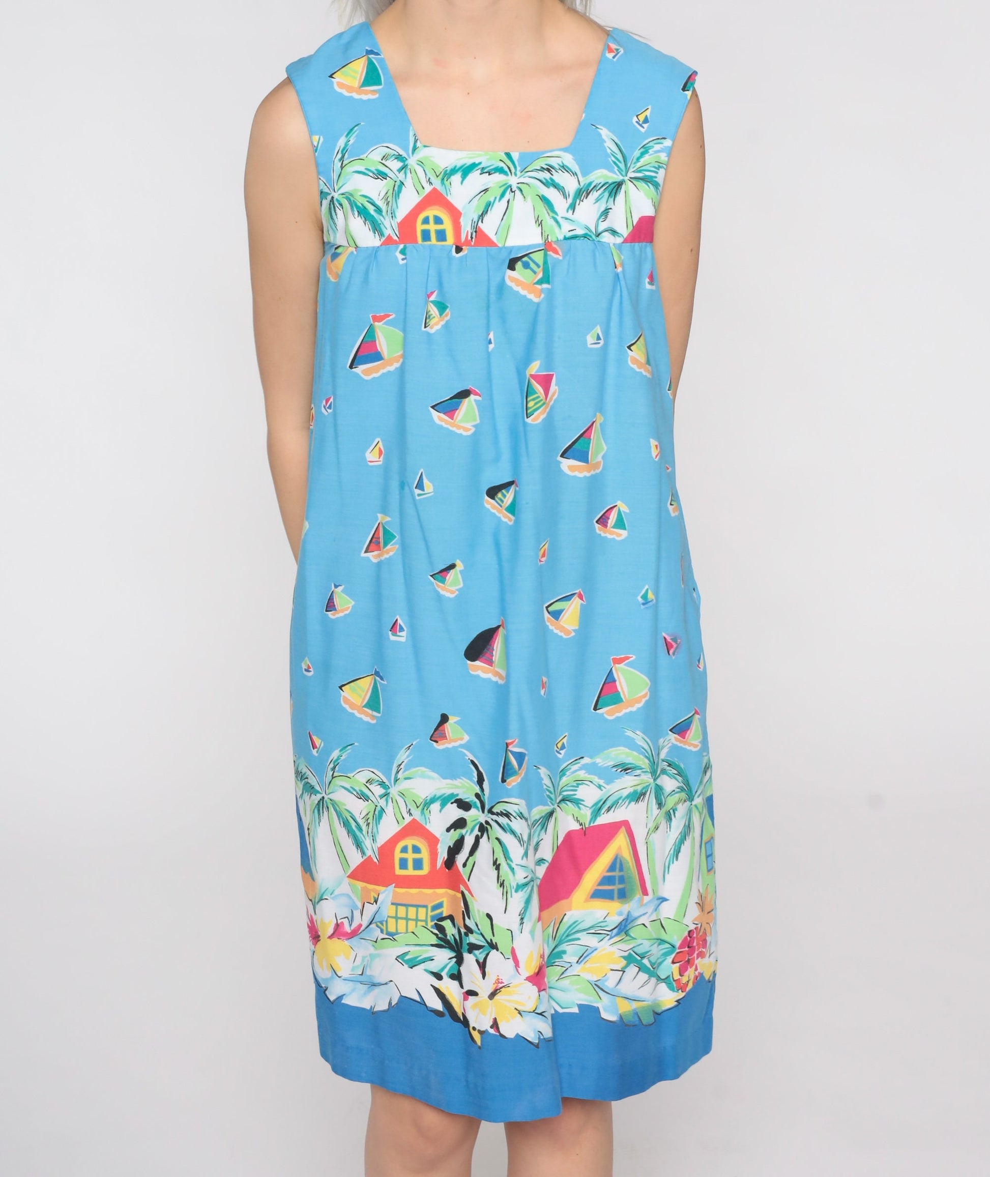 80s Sailboat Tropical Print Trapeze Dress Sleeveless Mini Cotton Small