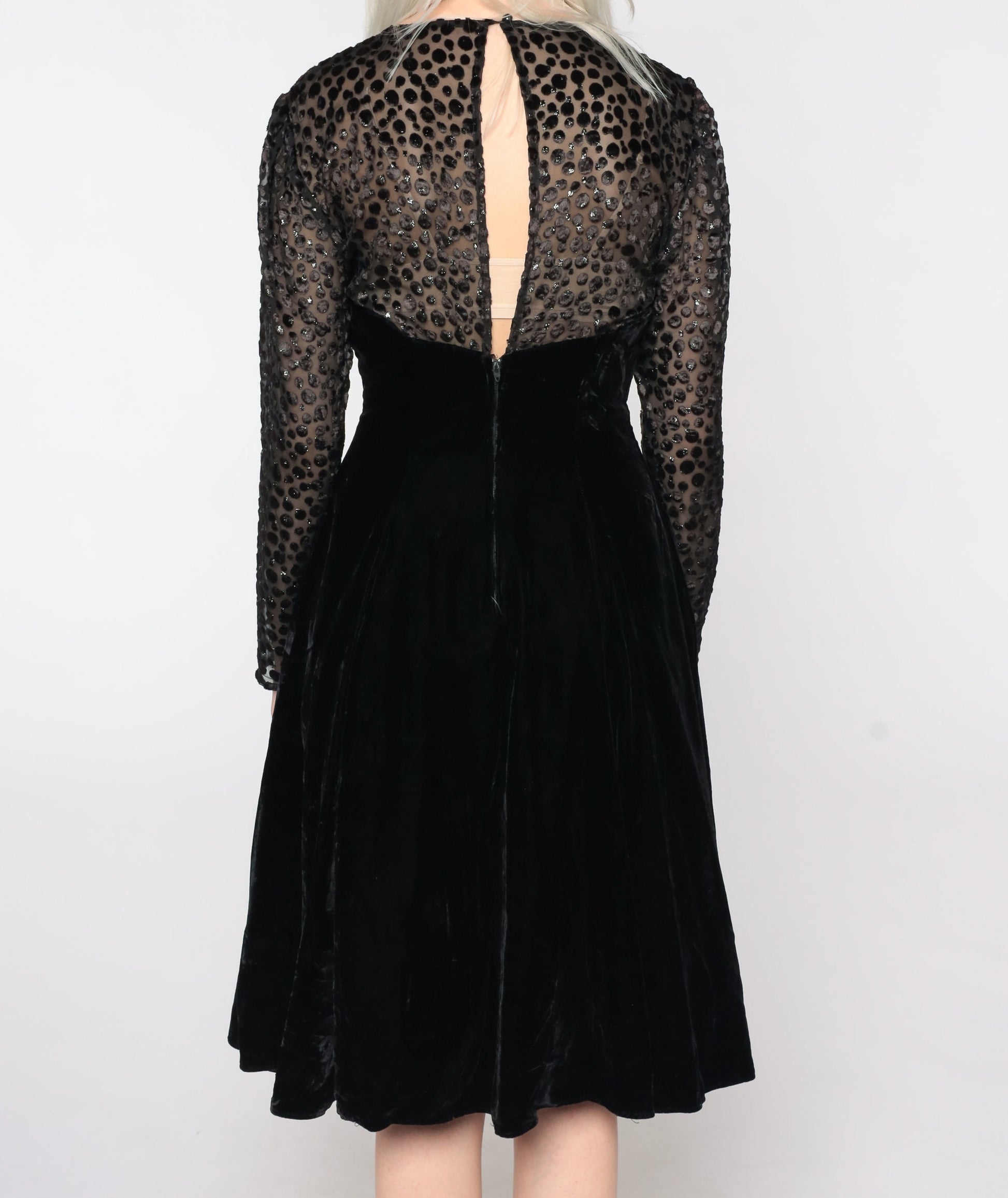 80s Black Velvet Party Dress Illusion Neckline Midi Long Sleeve Small 4