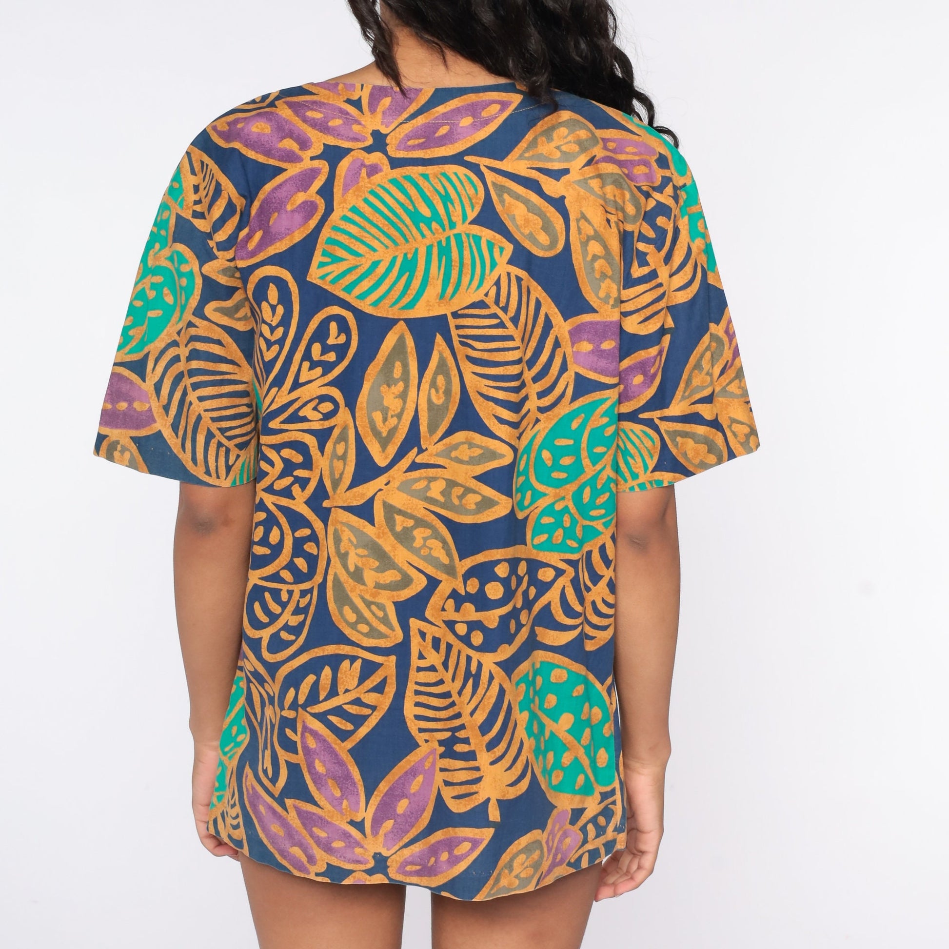 90s Tropical Leaf Graphic T-Shirt Jungle Print Vintage Surfer Tee Large L