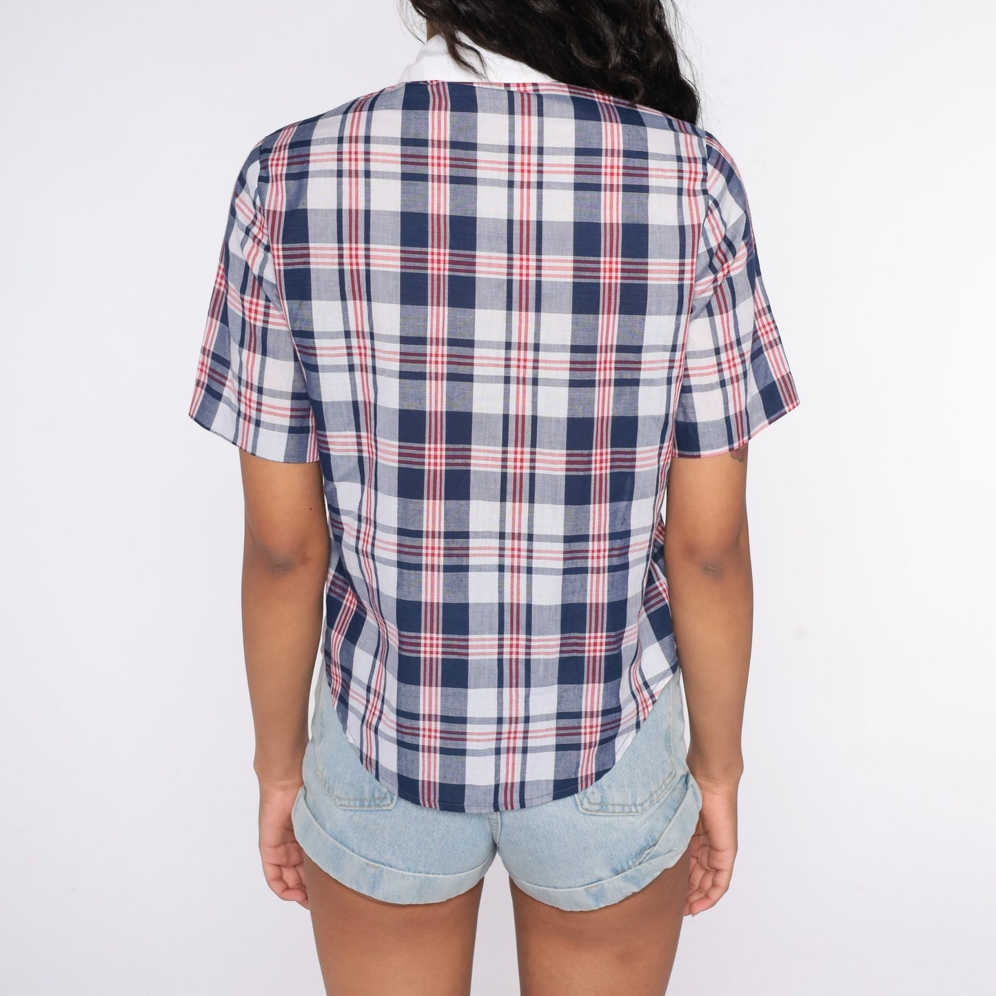80s Blue Plaid Button-Up Shirt Short Sleeve Checkered Cotton Blouse Small S