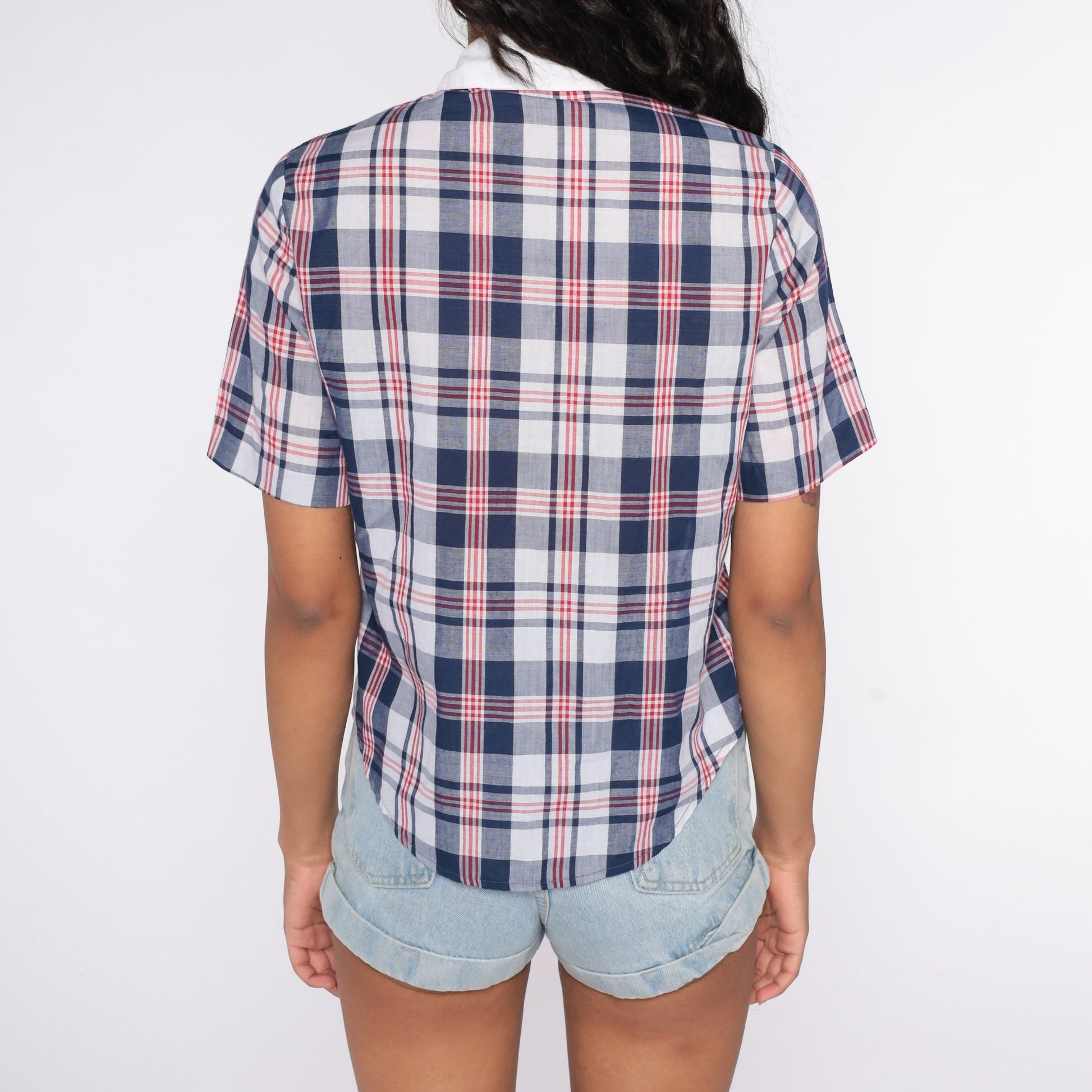 80s Blue Plaid Button-Up Shirt Short Sleeve Checkered Cotton Blouse Small S