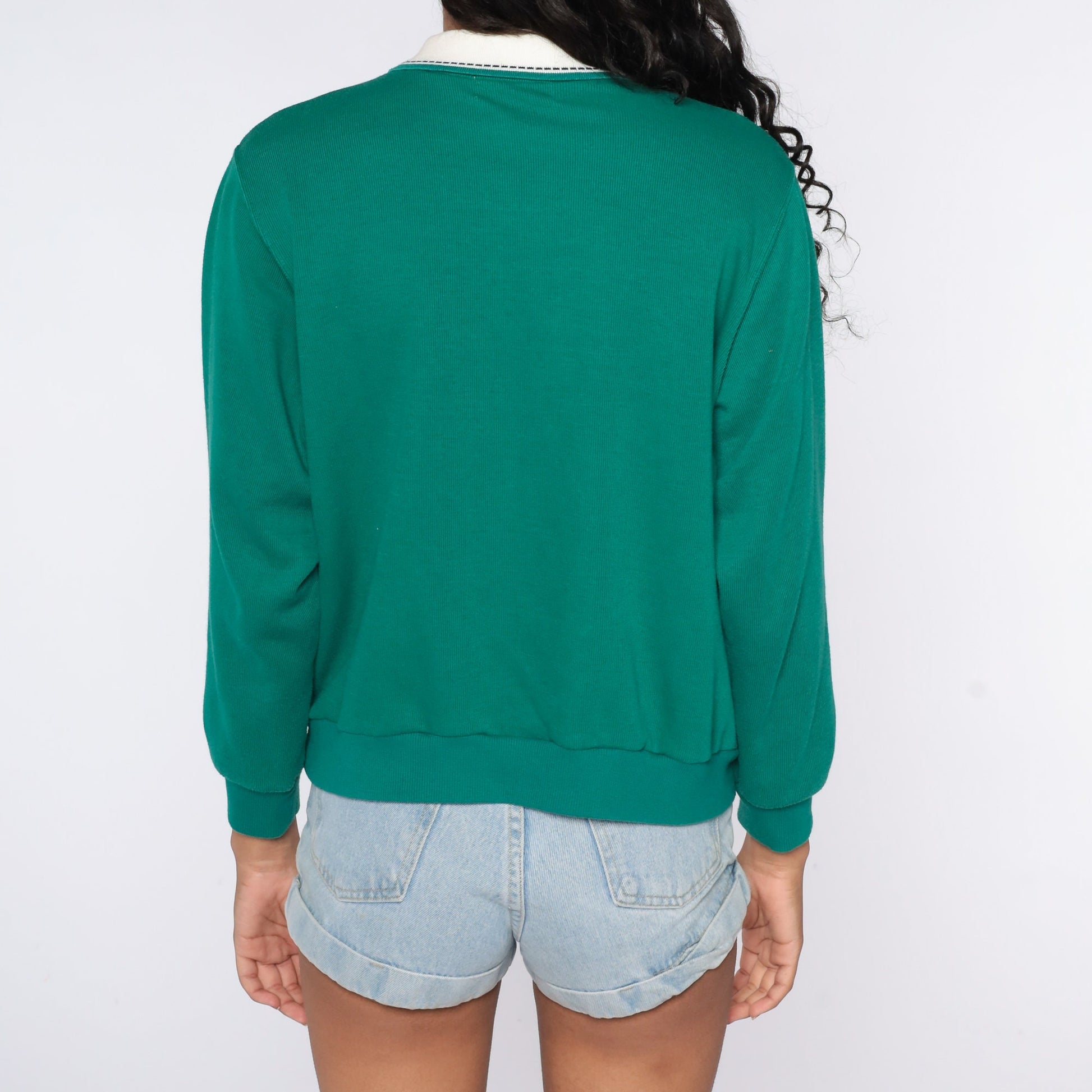 80s Floral Embroidered Sweatshirt Green Layered 2fer Pullover Large L