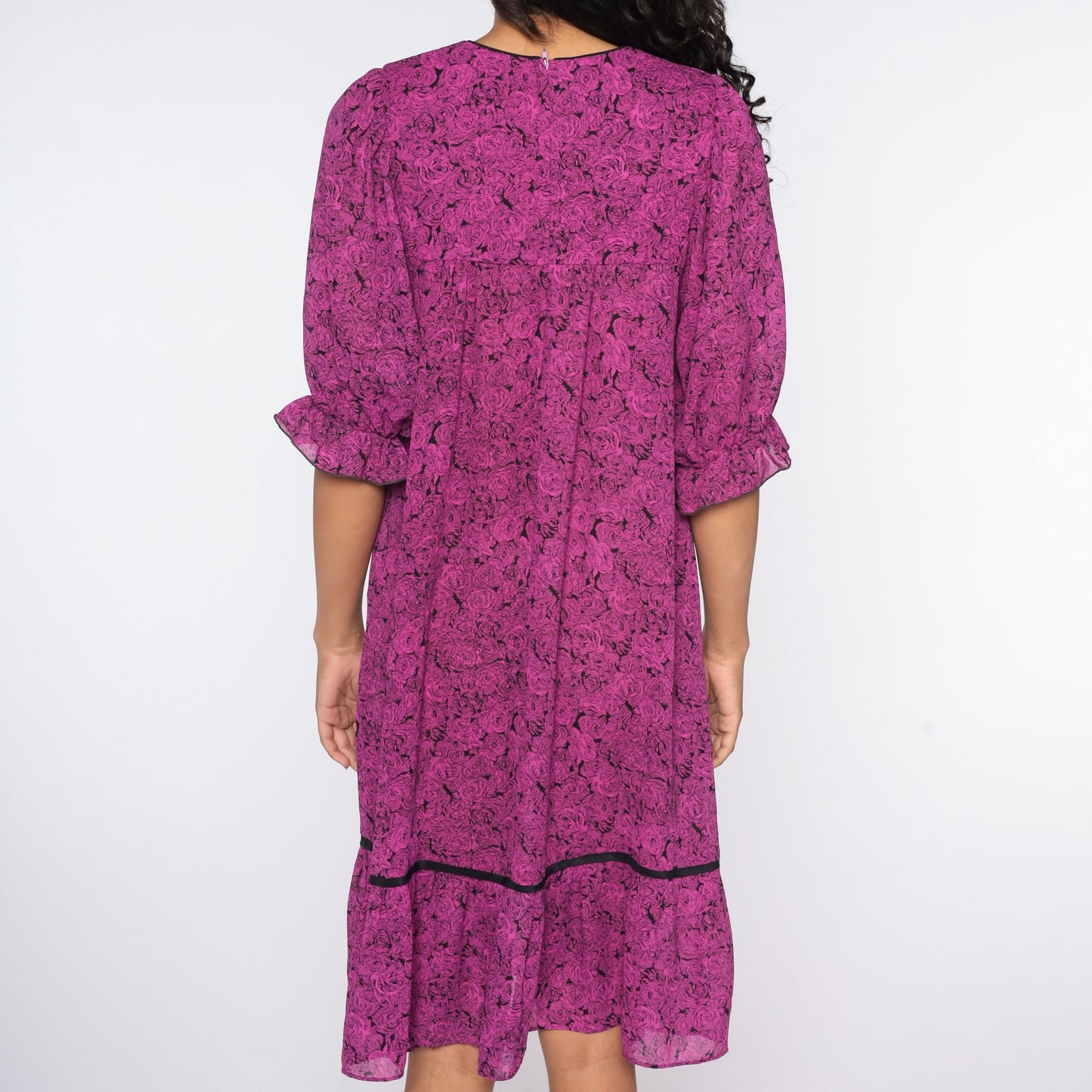 80s Purple Floral Tent Dress Half-Sleeve Trapeze Midi Small