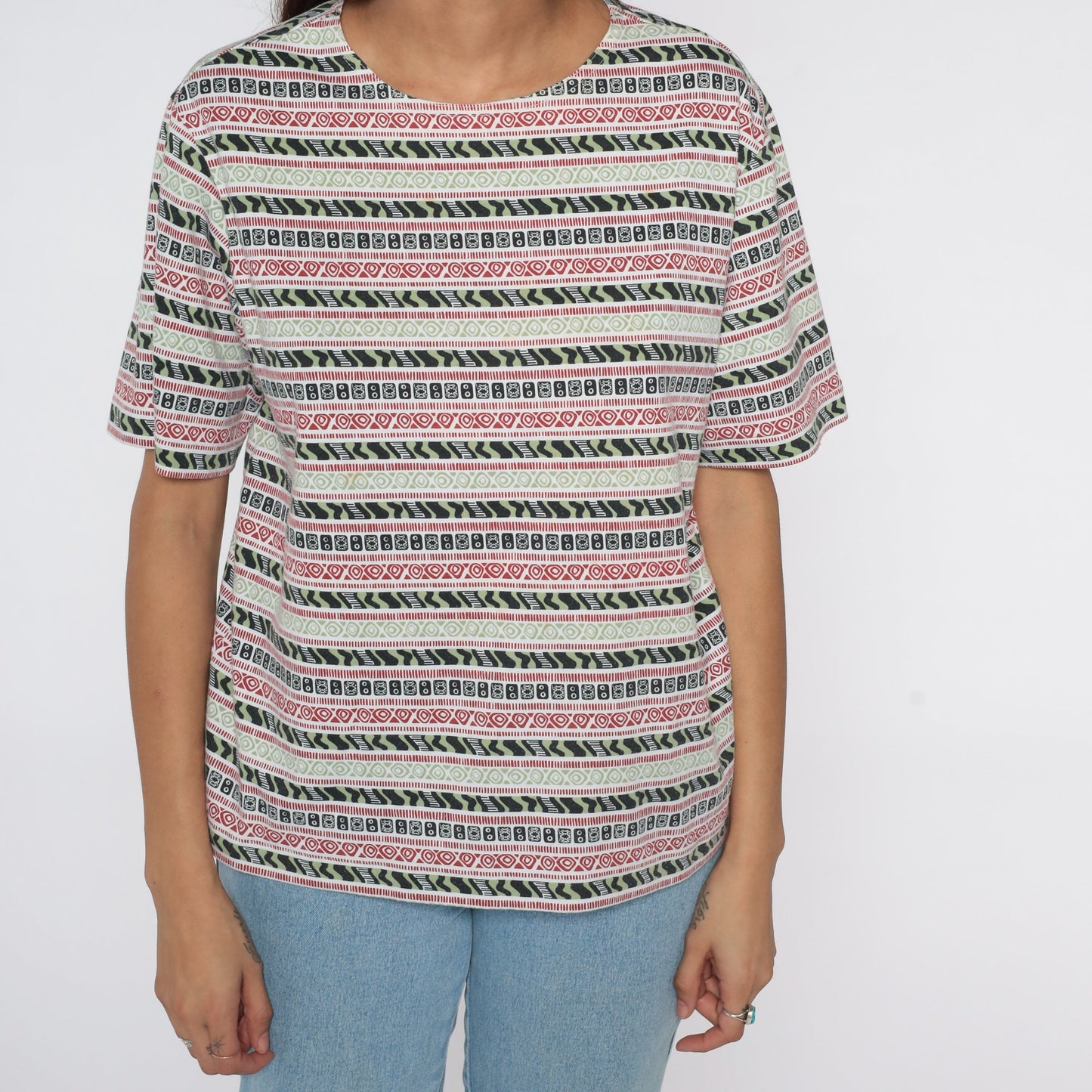 90s Cabin Creek Geometric Striped T-Shirt Grey Cotton Medium