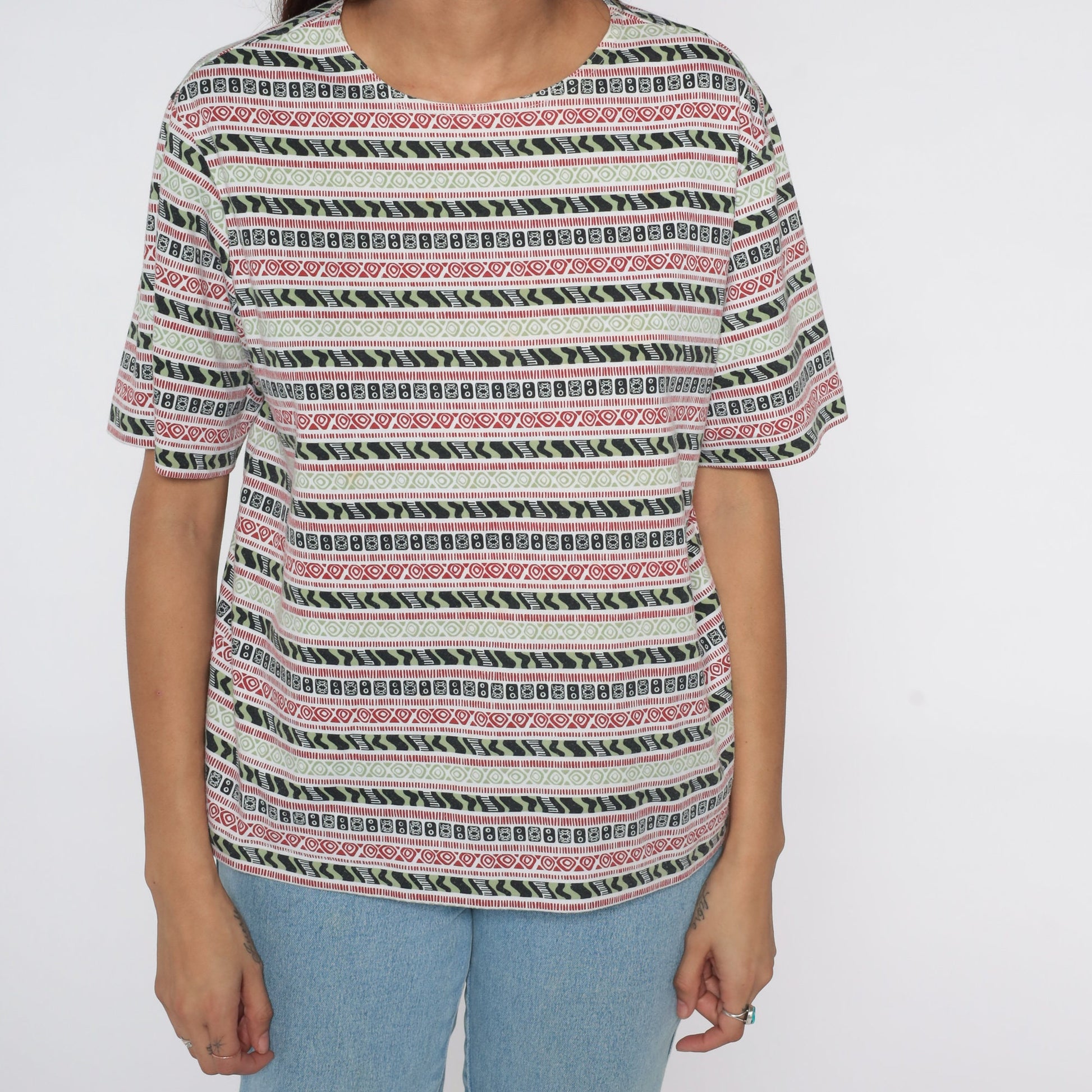 90s Cabin Creek Geometric Striped T-Shirt Grey Cotton Medium