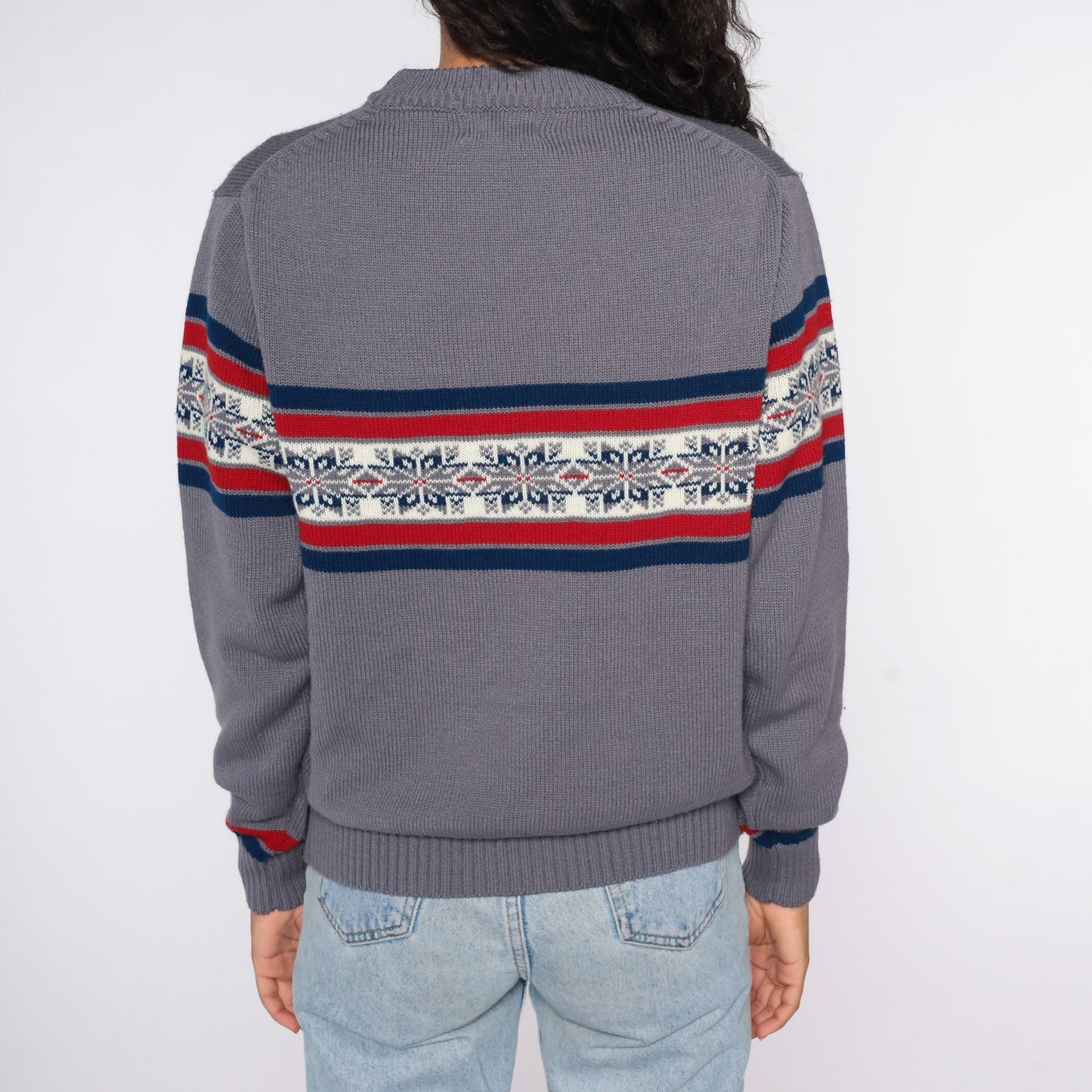 80s Nordic Snowflake Sweater Grey Geometric Fair Isle Knit Large