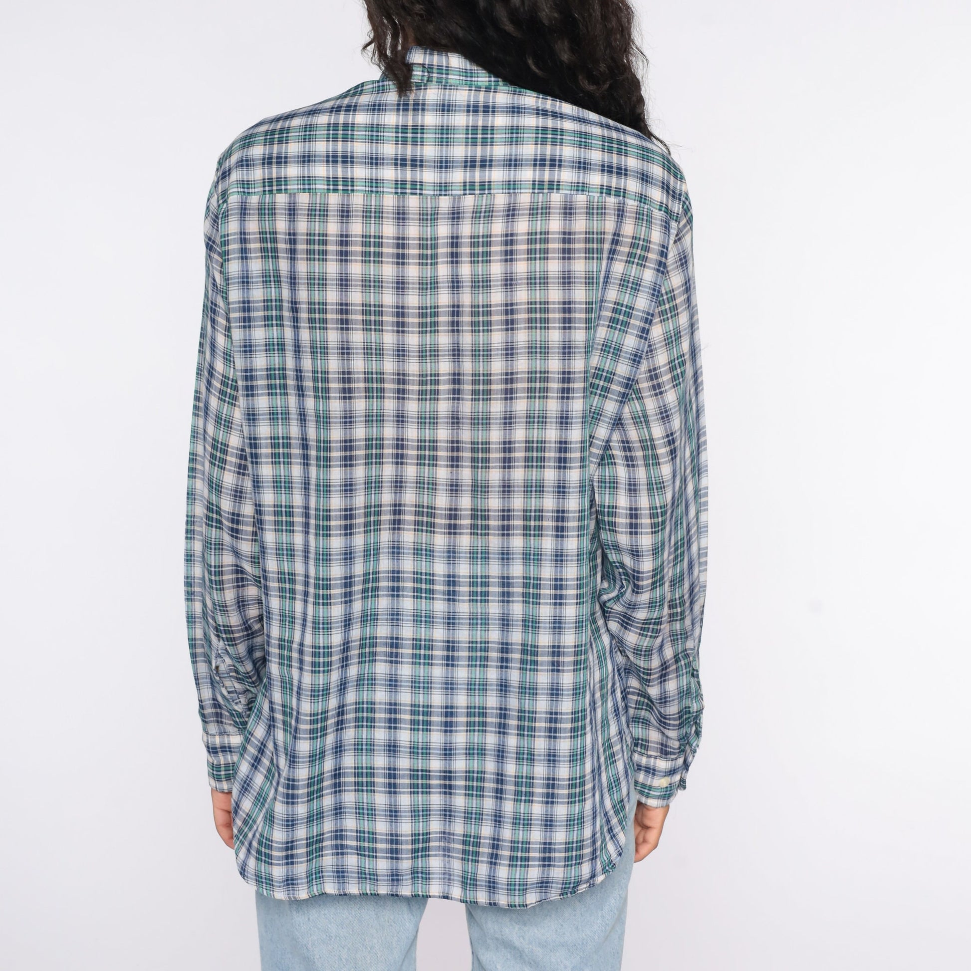 80s Blue Plaid Button Up Shirt Cotton Blend Distressed Large