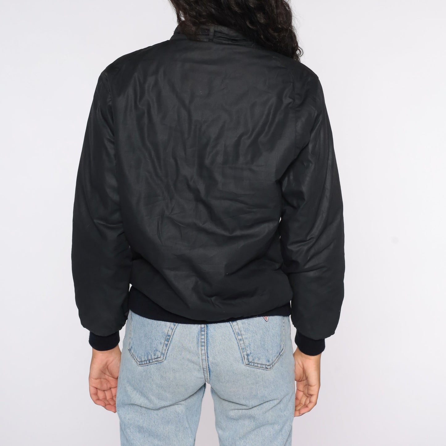 80s Black Bomber Jacket Epaulette Windbreaker Cafe Racer Small