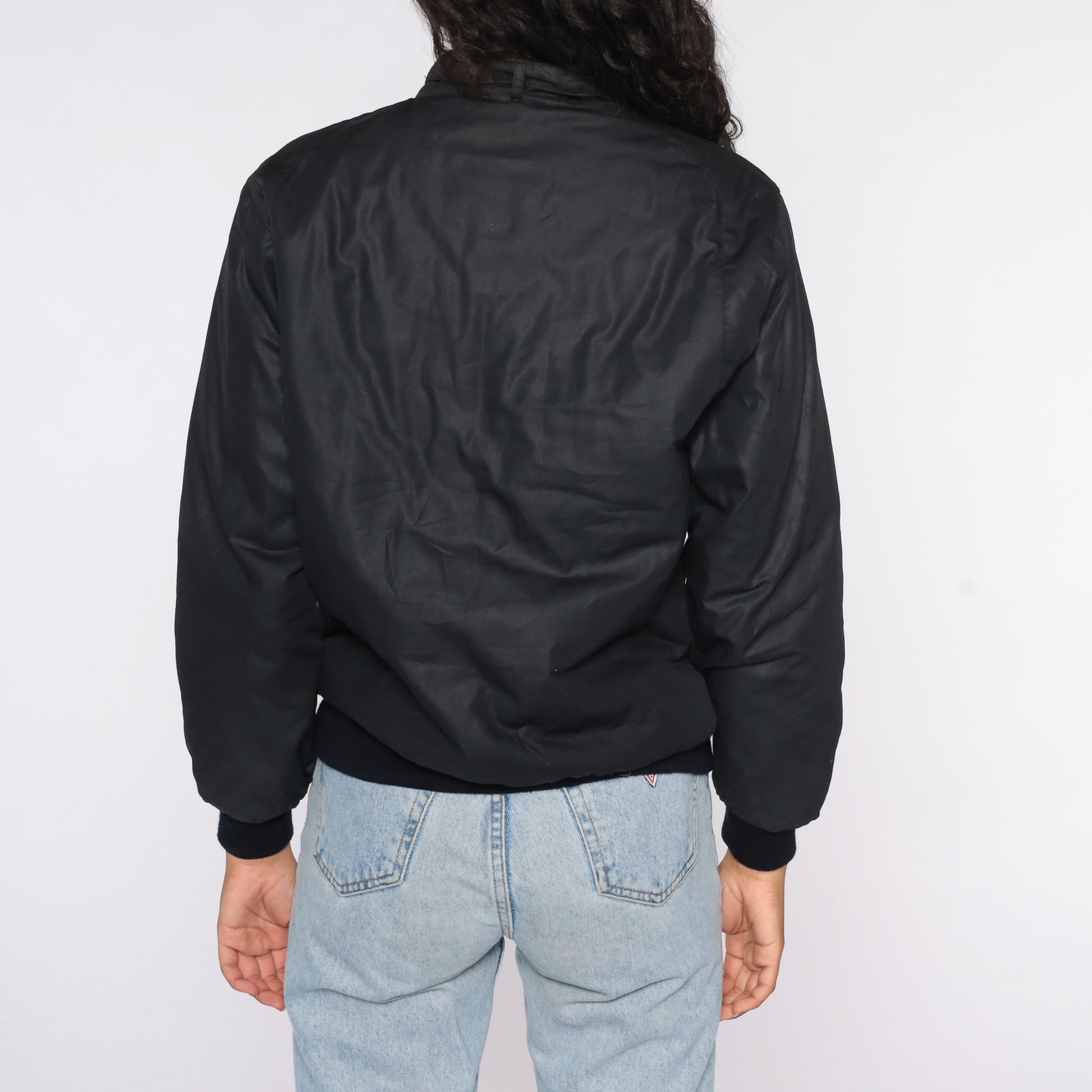 80s Black Bomber Jacket Epaulette Windbreaker Cafe Racer Small
