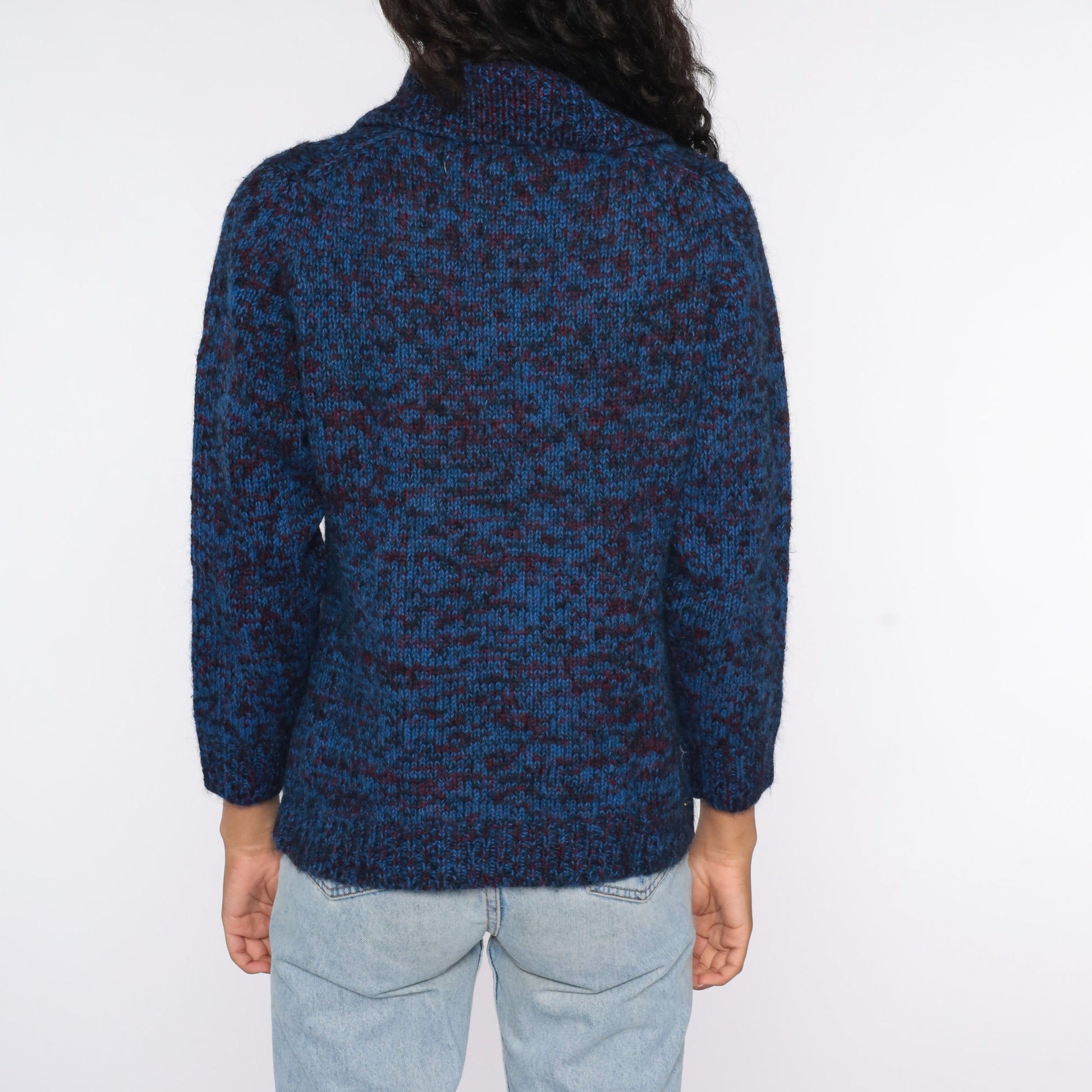 70s Dark Blue Space Dye Cardigan Sweater Button Front Medium
