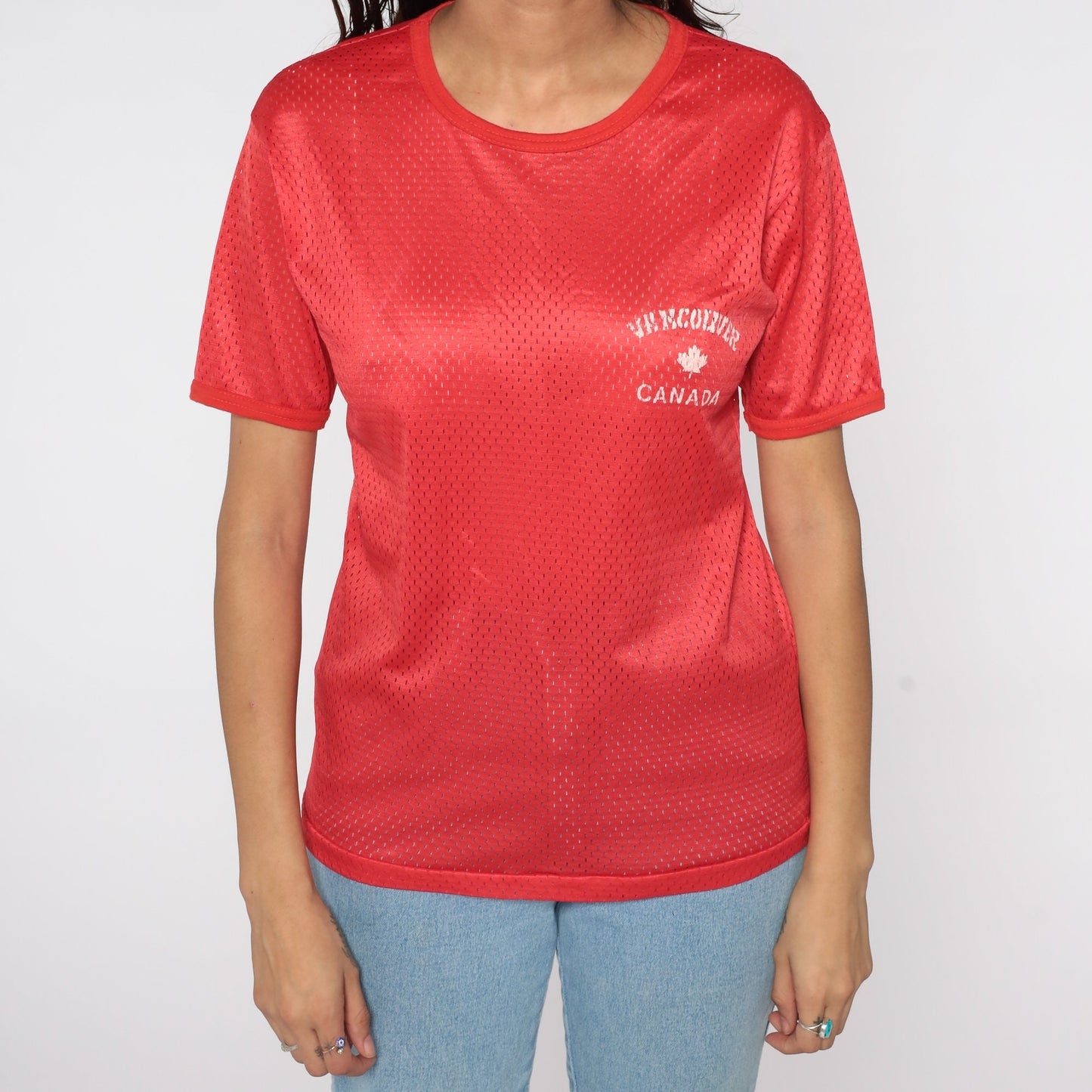 80s Vancouver Canada Mesh Jersey Shirt Red Maple Leaf Athletic Tee Small