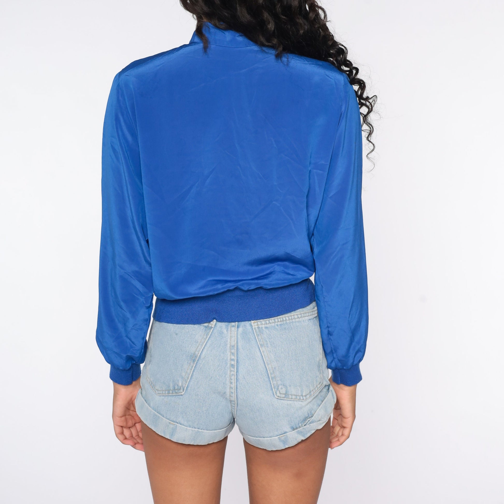 80s Royal Blue Cutout Blouse Abstract Button-Up Long Sleeve Small S