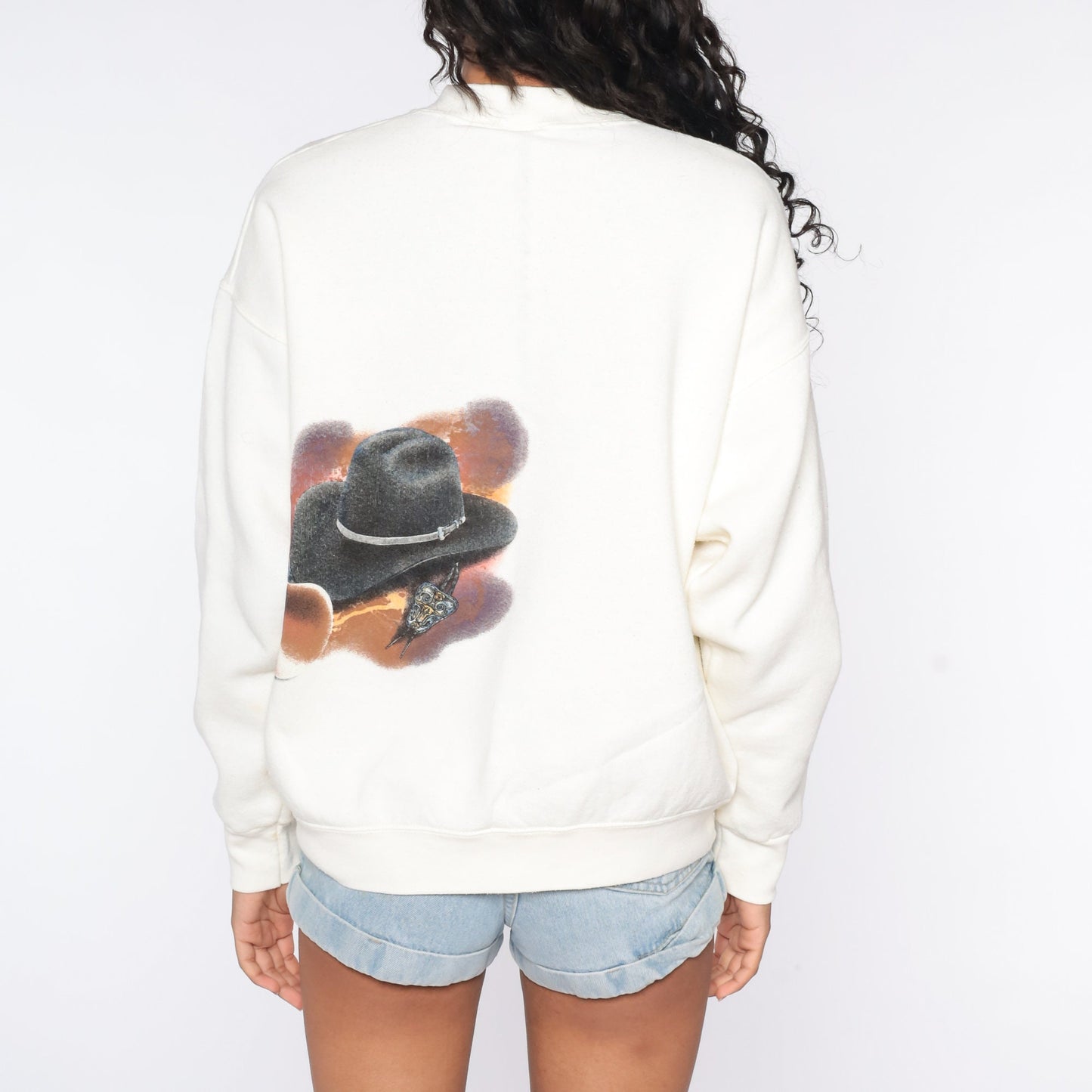 90s Cowboy Hat Graphic Sweatshirt Cream Crewneck Pullover Large L
