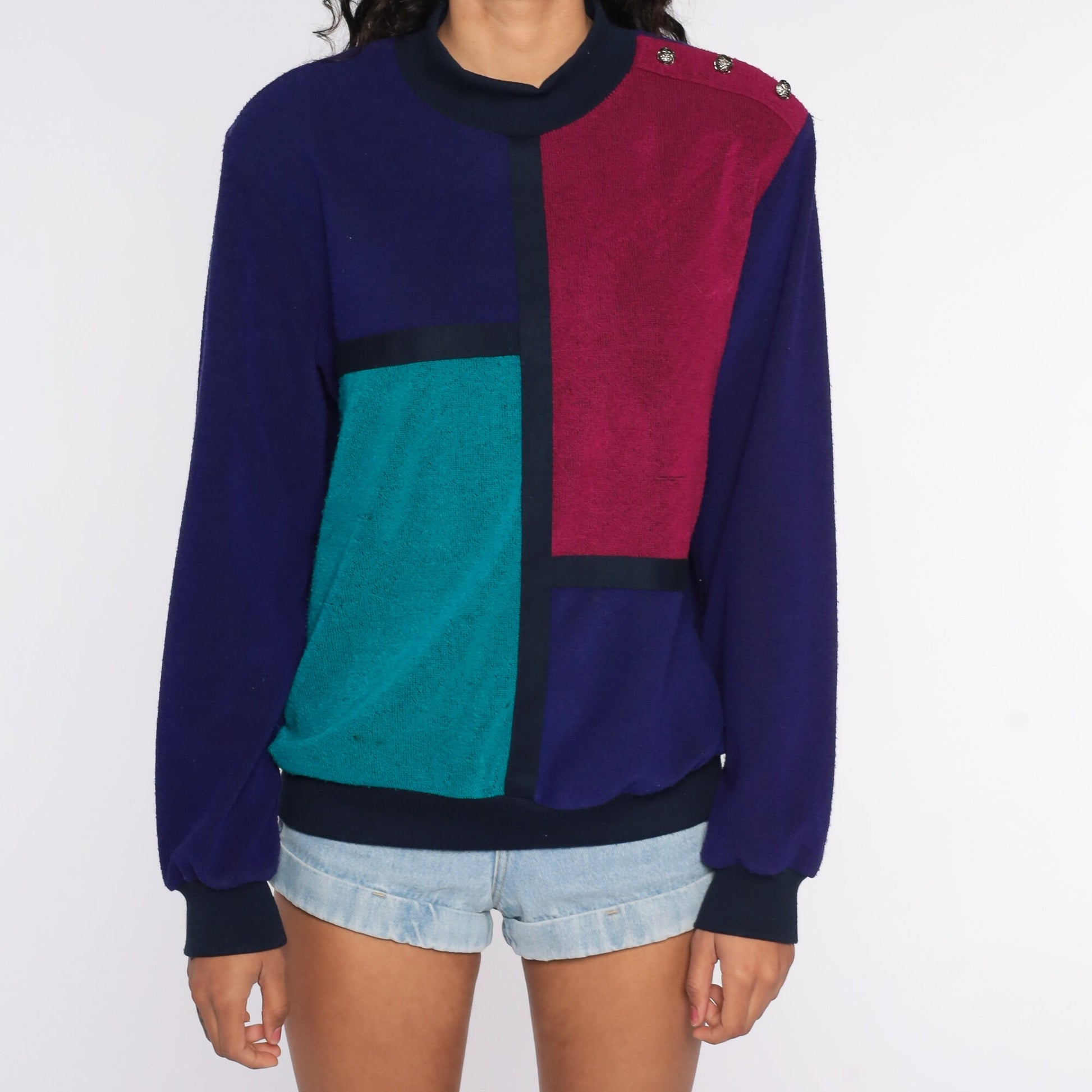 80s Color Block Sweatshirt Purple Turquoise Crewneck Pullover Medium