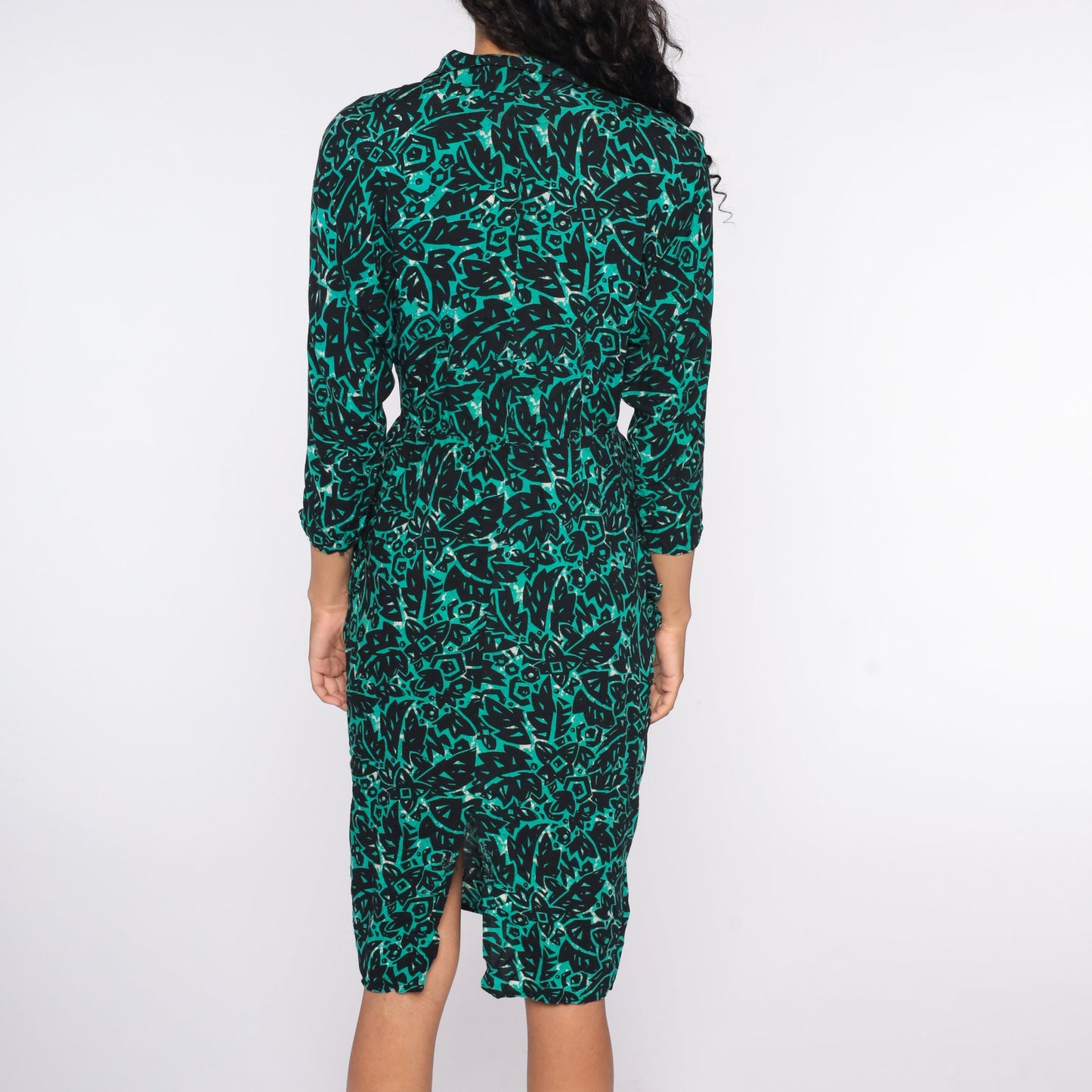 80s Tropical Jungle Print Midi Dress High Waisted Pencil Button Up Green Small