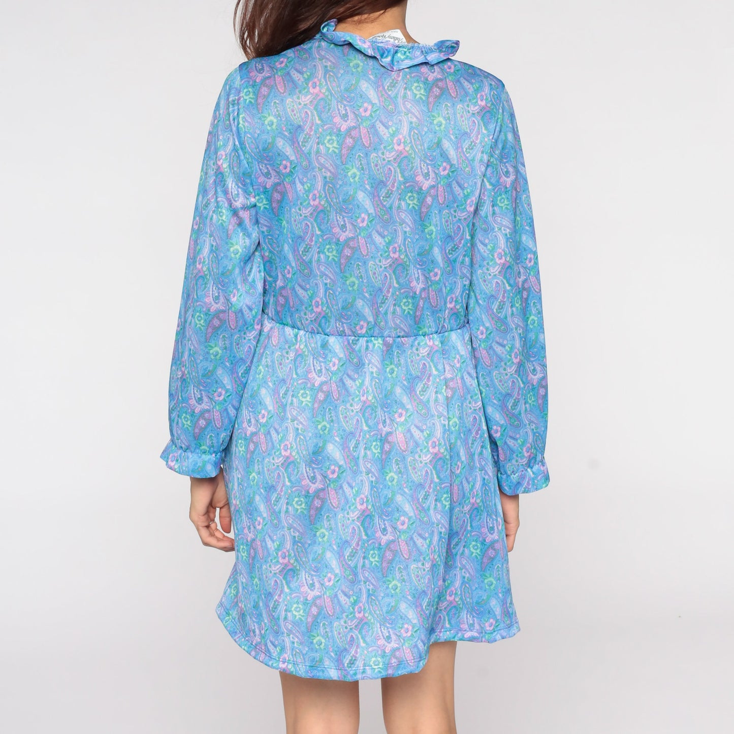 80s Blue Paisley Print Mini Dress Long Sleeve High Waist Ruffle V Neck Medium