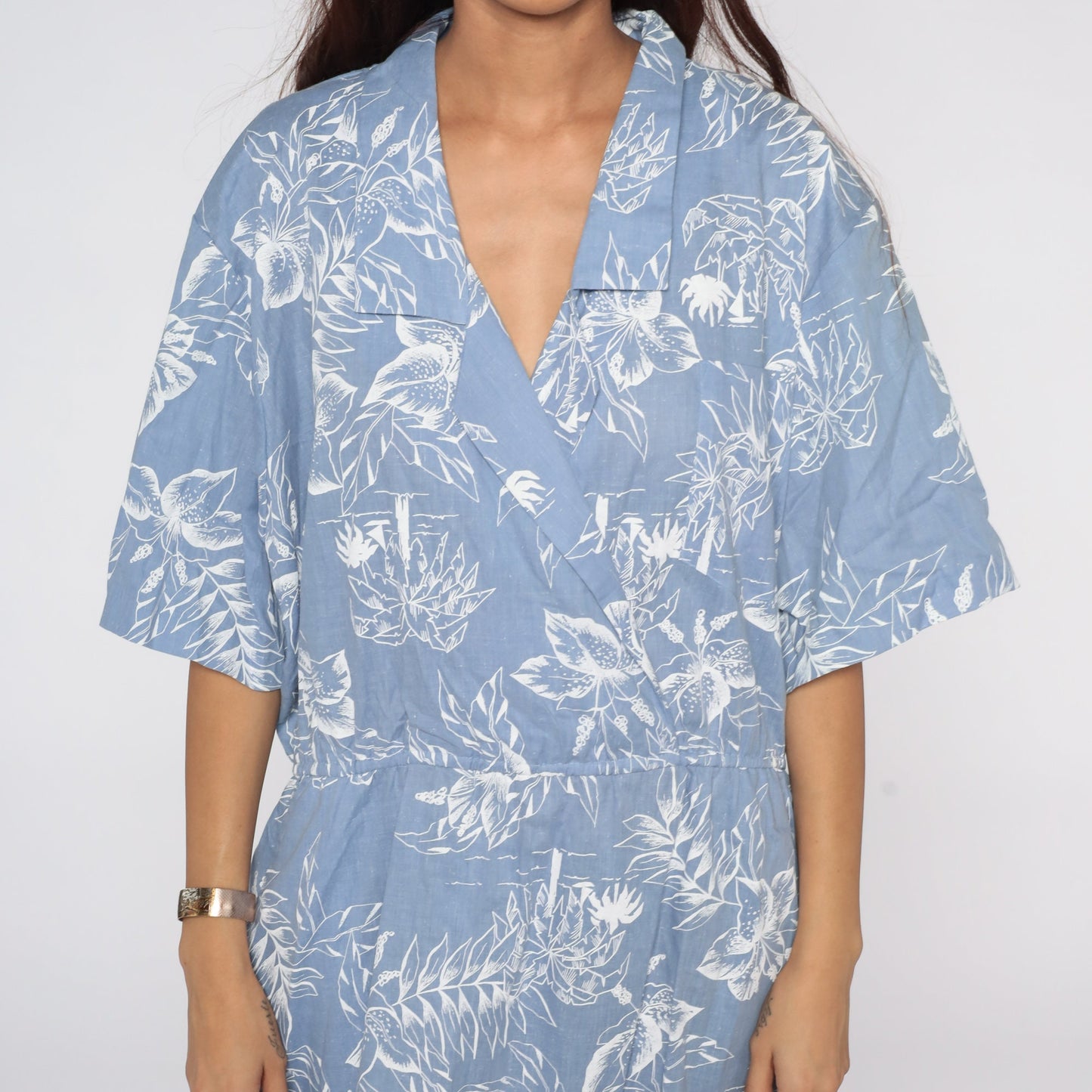 80s Tropical Palm Floral Midi Dress High Waist Wrap Blue Cotton Extra Large