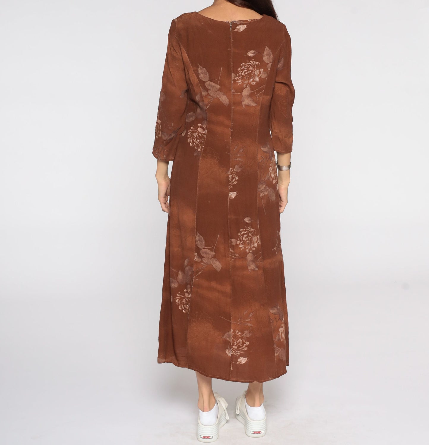 90s Brown Floral Rayon Dress Long Sleeve Maxi Small