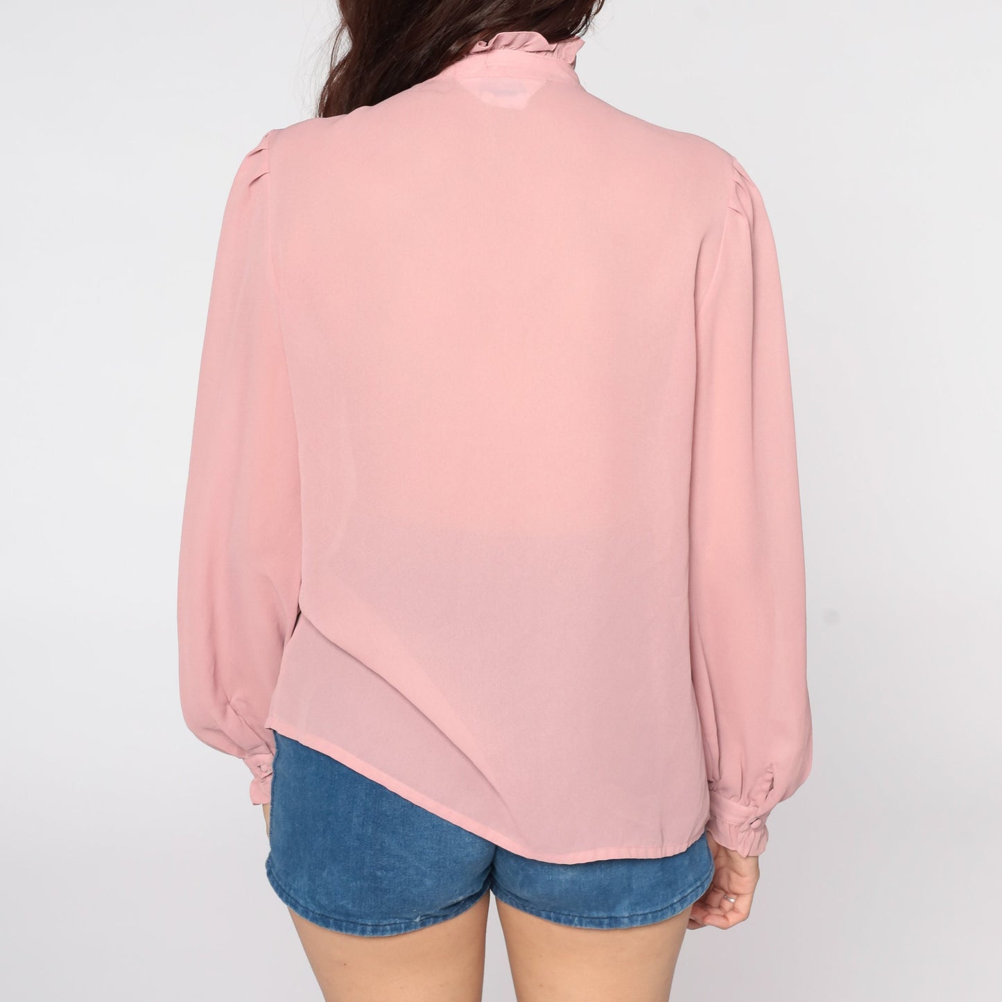 80s Pink Sheer Ruffle Tuxedo Blouse Puff Sleeve Button Up Medium