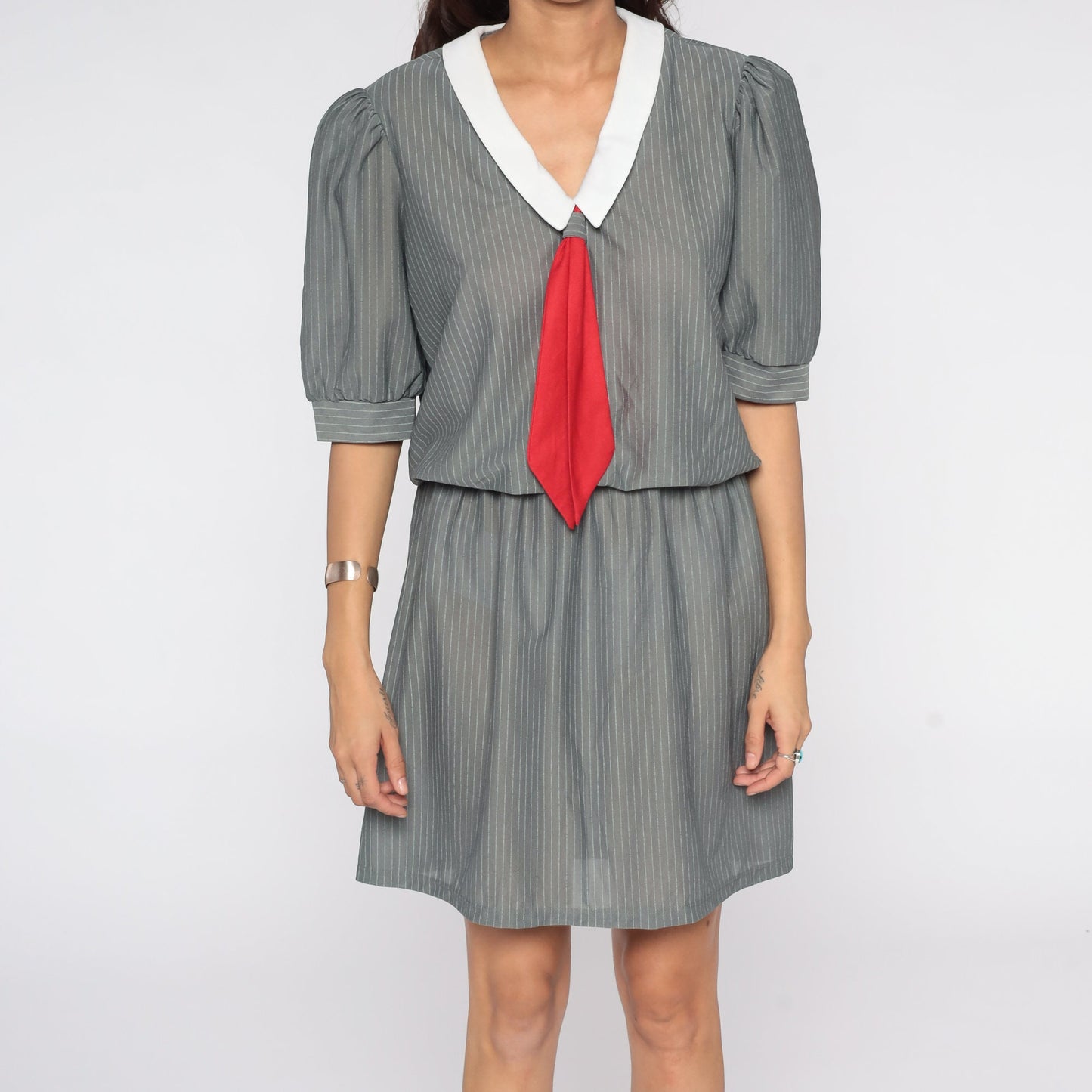 80s Grey Striped Mini Dress Puff Sleeve Ascot Necktie White Collar Medium