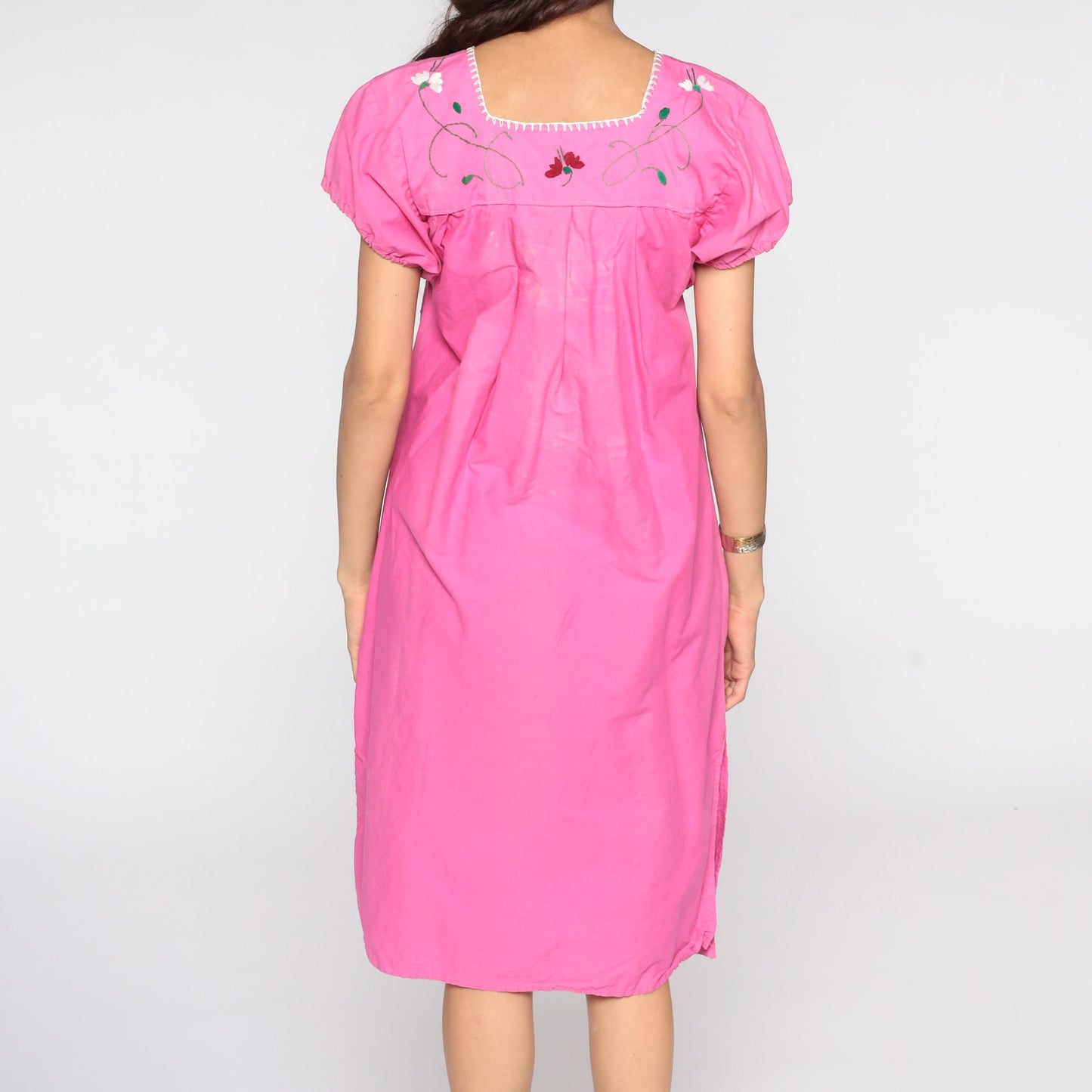 Vintage Mexican Pink Cotton Midi Dress Embroidered Tunic Medium