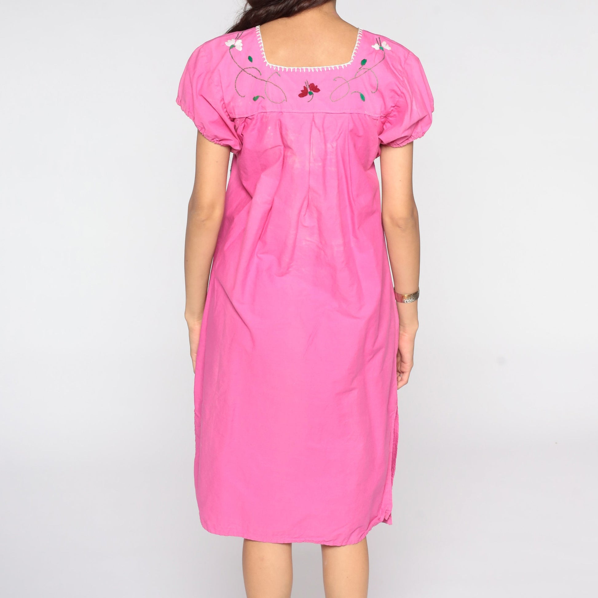 Vintage Mexican Pink Cotton Midi Dress Embroidered Tunic Medium