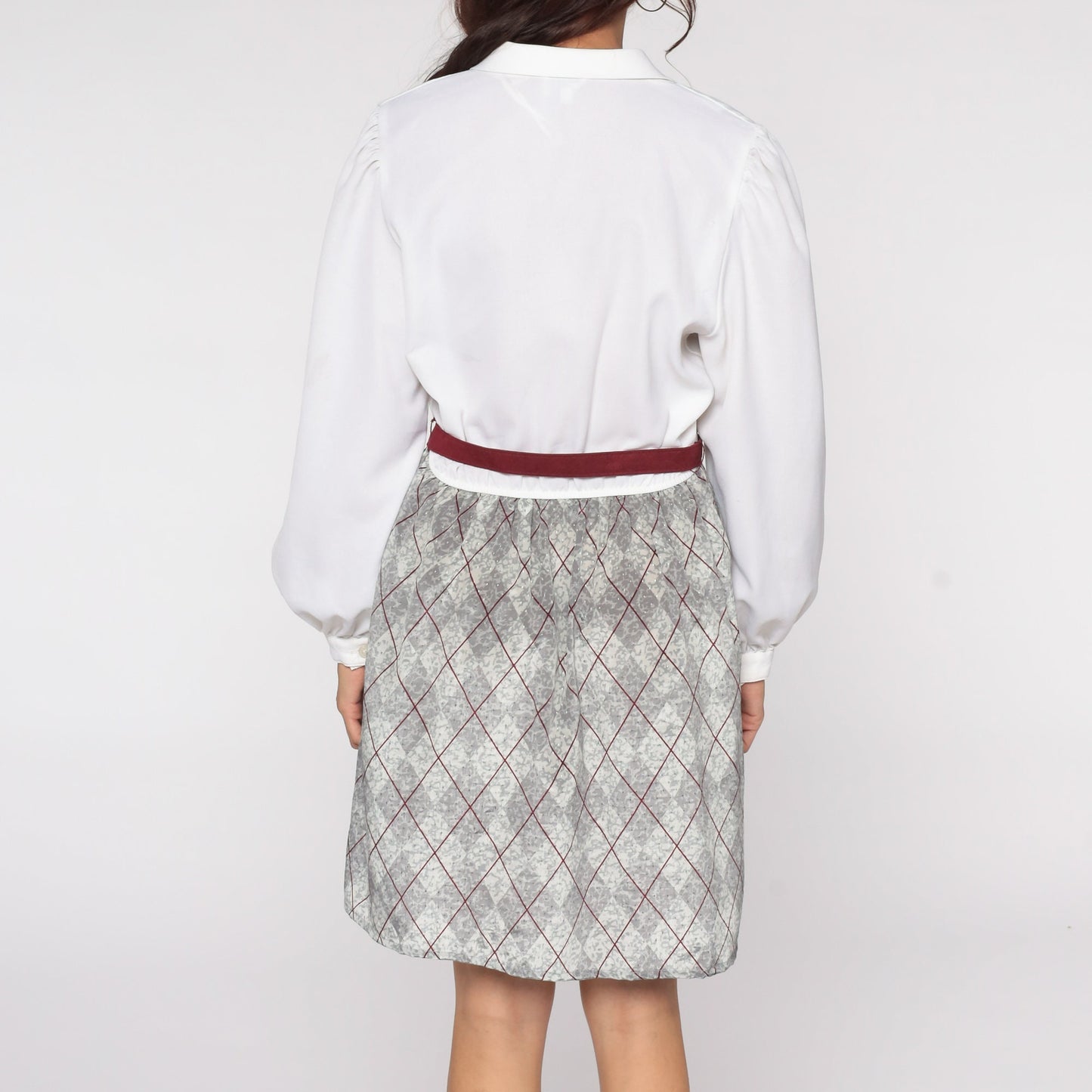 80s Leslie Fay Plaid Mini Dress Puff Sleeve White Grey Checkered Medium