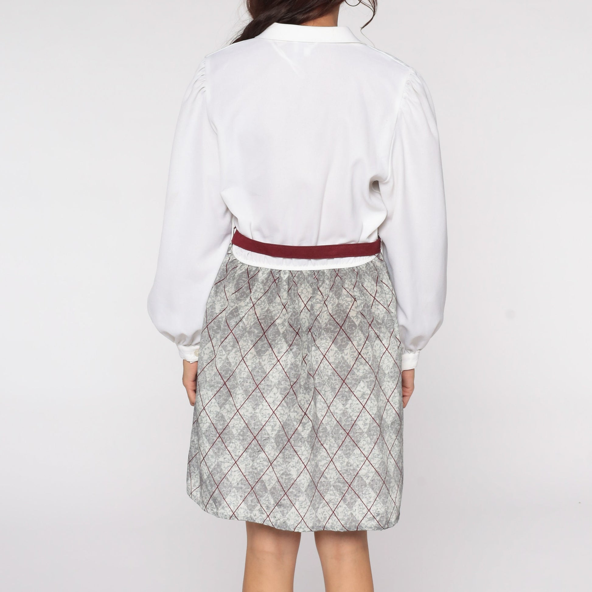 80s Leslie Fay Plaid Mini Dress Puff Sleeve White Grey Checkered Medium