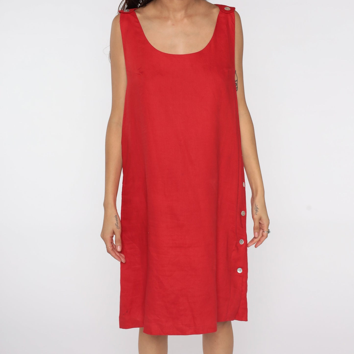 90s Rafaella Linen Jumper Dress Red Midi Sleeveless Button Side Medium