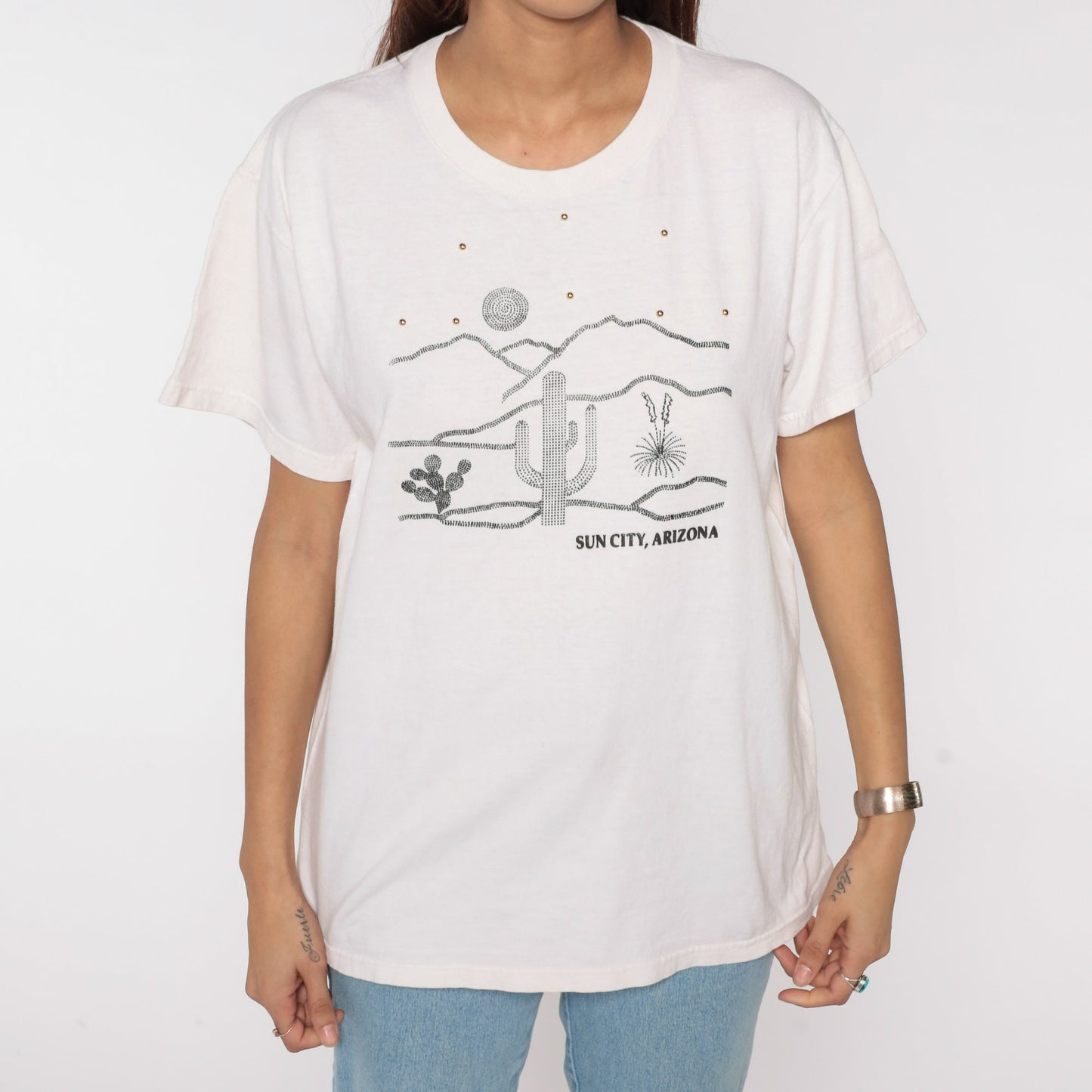 90s Sun City Arizona Graphic T-Shirt Beaded Cactus Desert Print White Cotton Medium