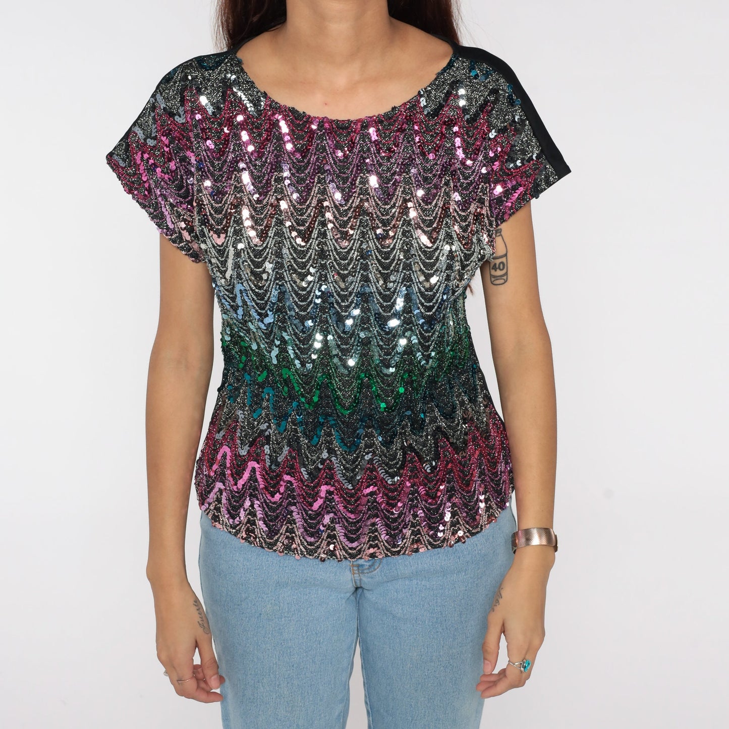 80s Sequin Beaded Blouse Cap Sleeve Black Metallic Pink Blue Green Small Medium