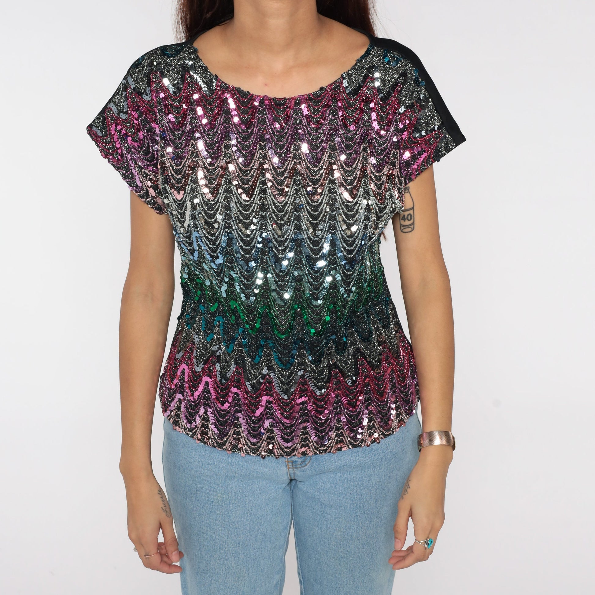 80s Sequin Beaded Blouse Cap Sleeve Black Metallic Pink Blue Green Small Medium