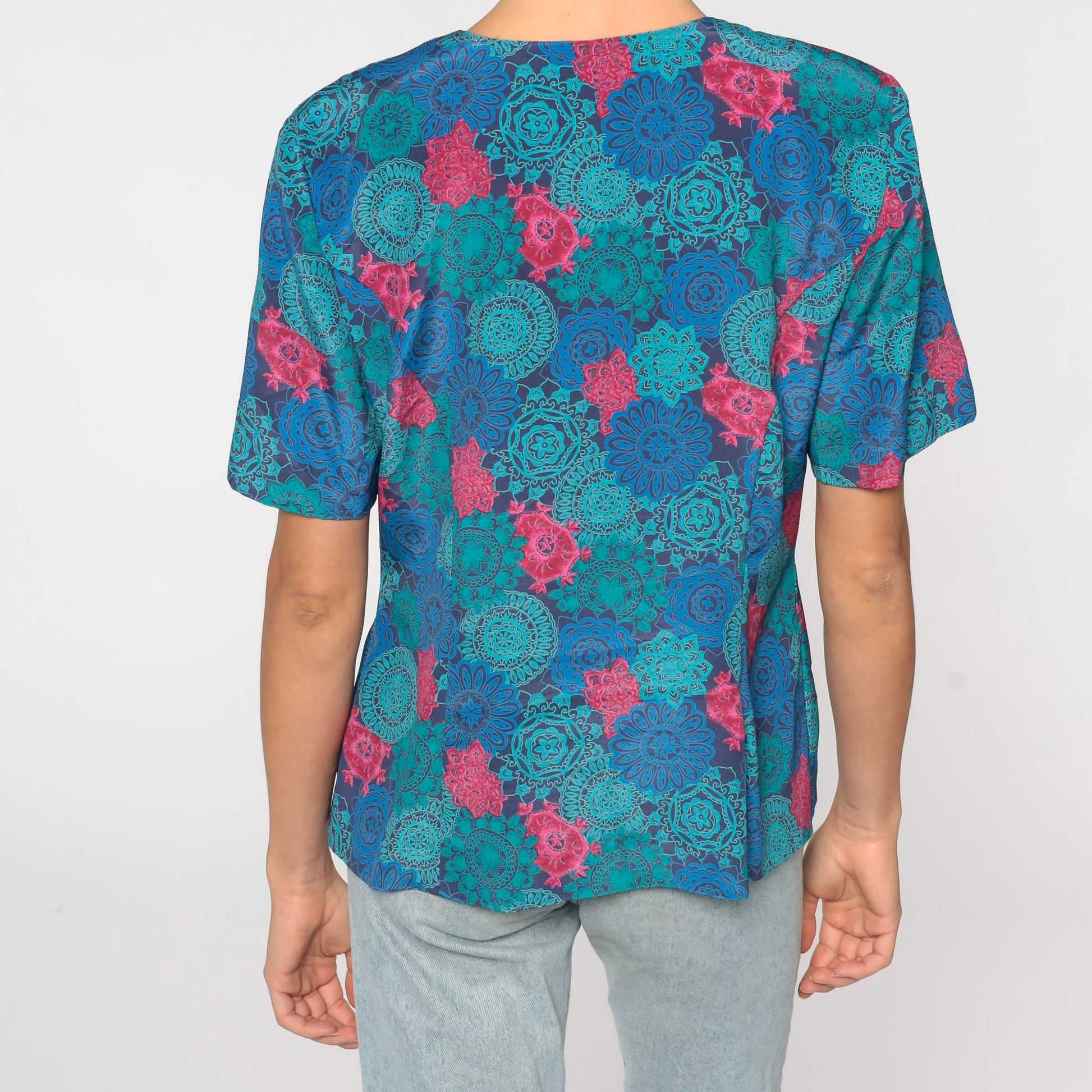 80s Leslie Fay Geometric Button Up Shirt Blue Short Sleeve Medium