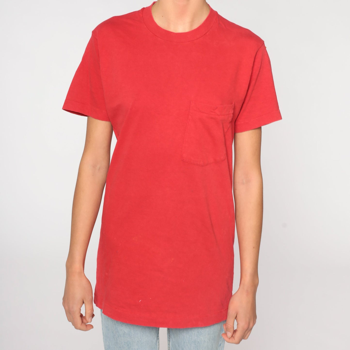 80s Red Cotton Pocket T-Shirt Plain Tee Small S