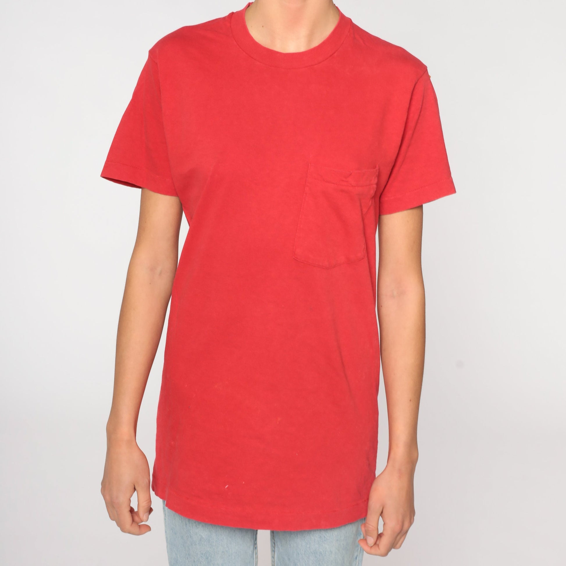 80s Red Cotton Pocket T-Shirt Plain Tee Small S