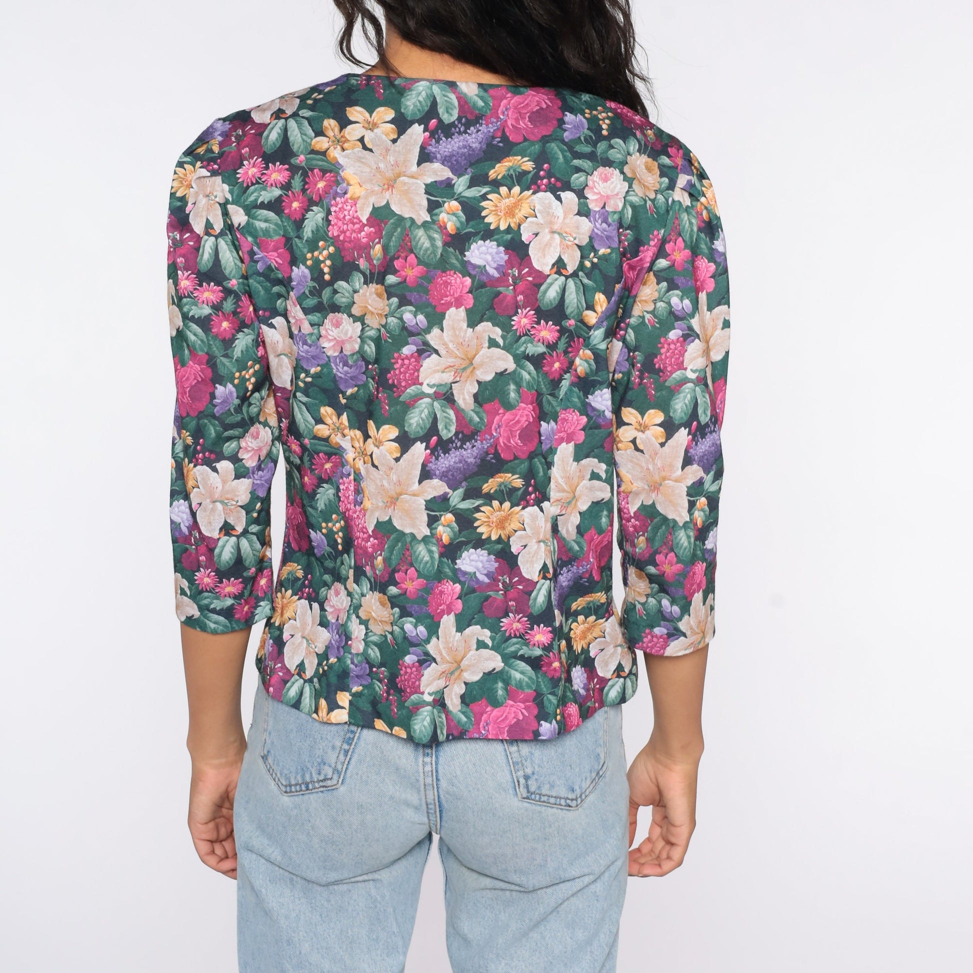 80s Floral Puff Sleeve Button-Up Blouse Polyester Medium