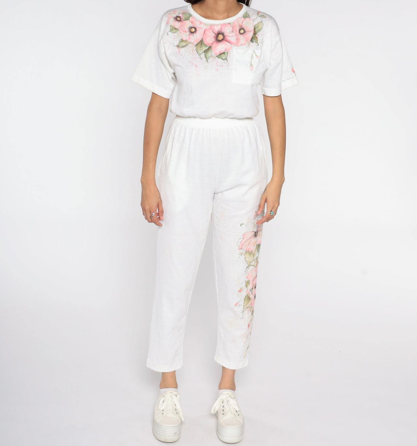 80s Hand Painted Floral Jumpsuit White High Waisted Button Back Short Sleeve Extra Small XS
