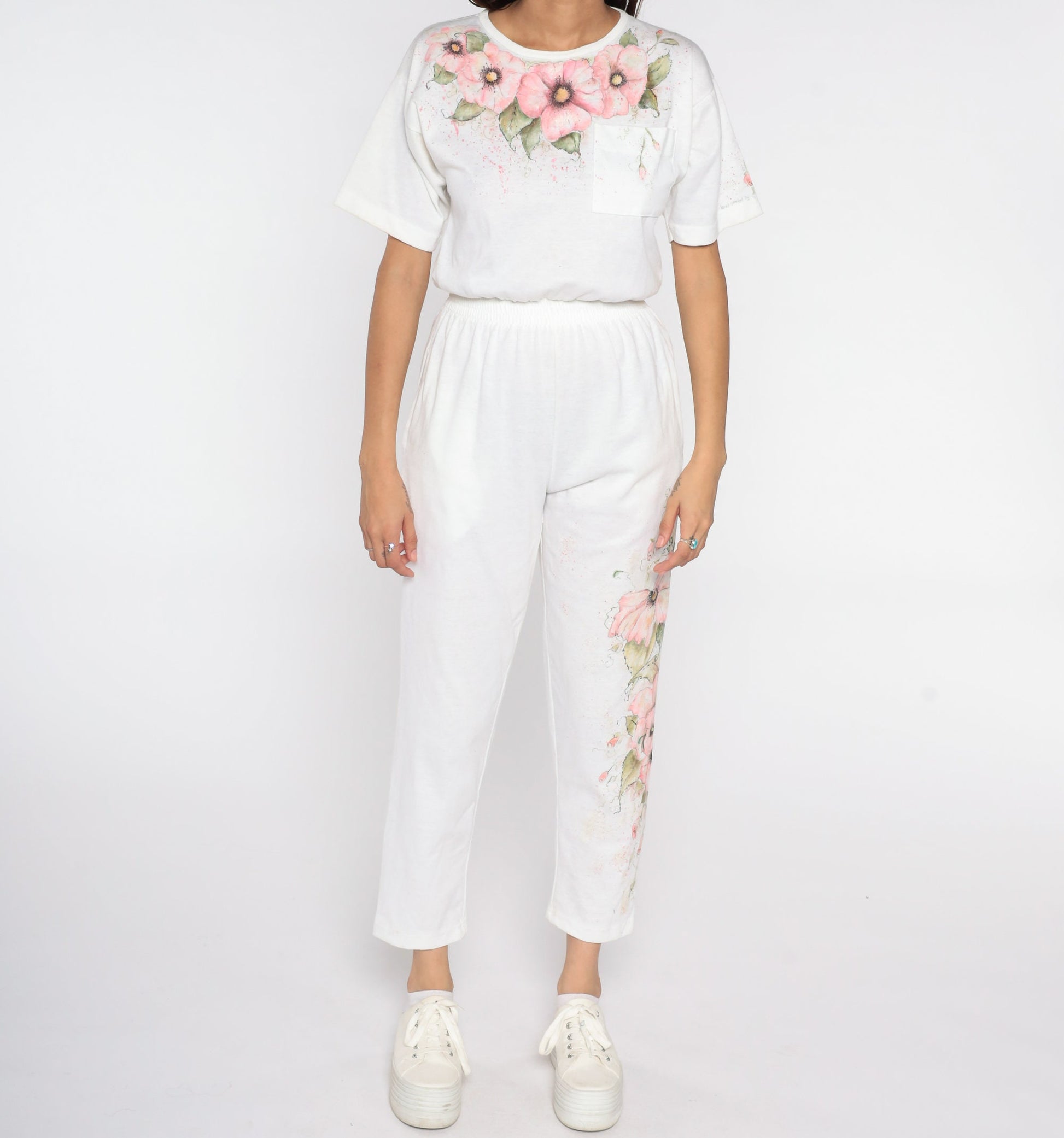 80s Hand Painted Floral Jumpsuit White High Waisted Button Back Short Sleeve Extra Small XS