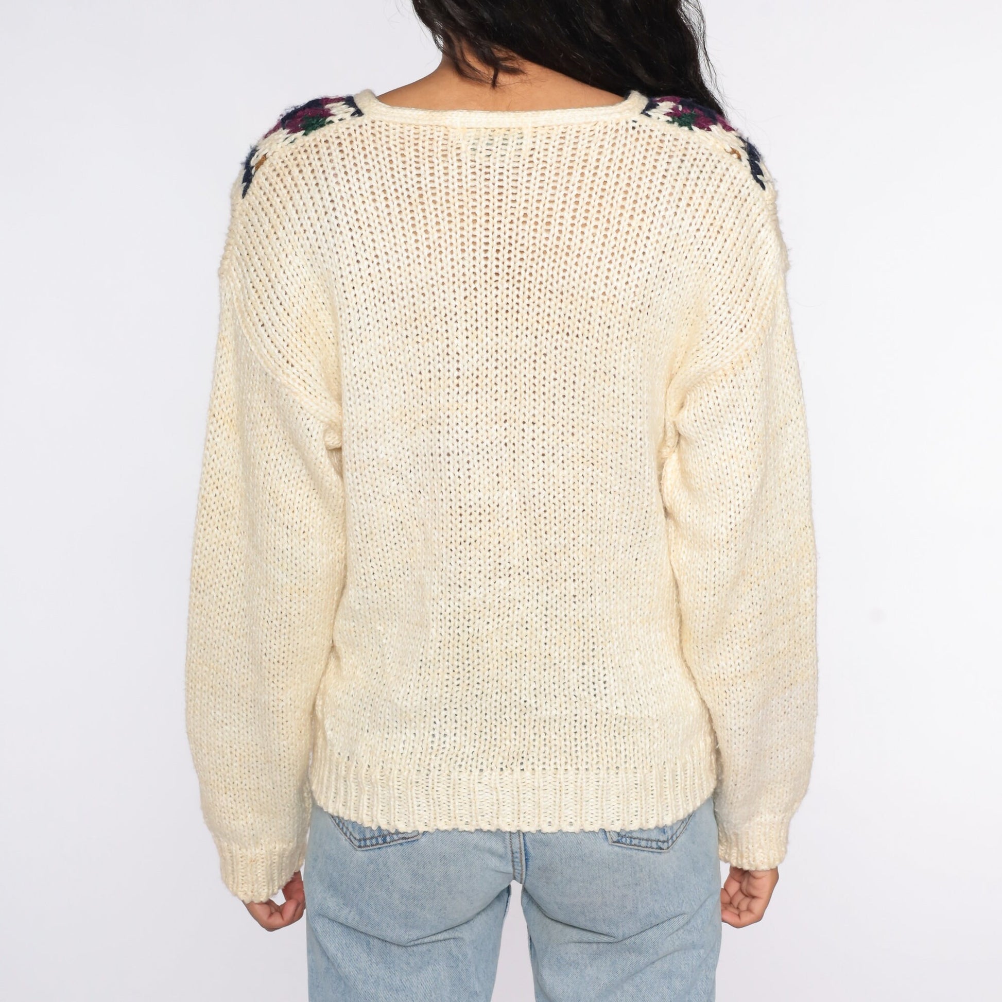 80s Cream Geometric V-Neck Sweater Knit Pullover Small