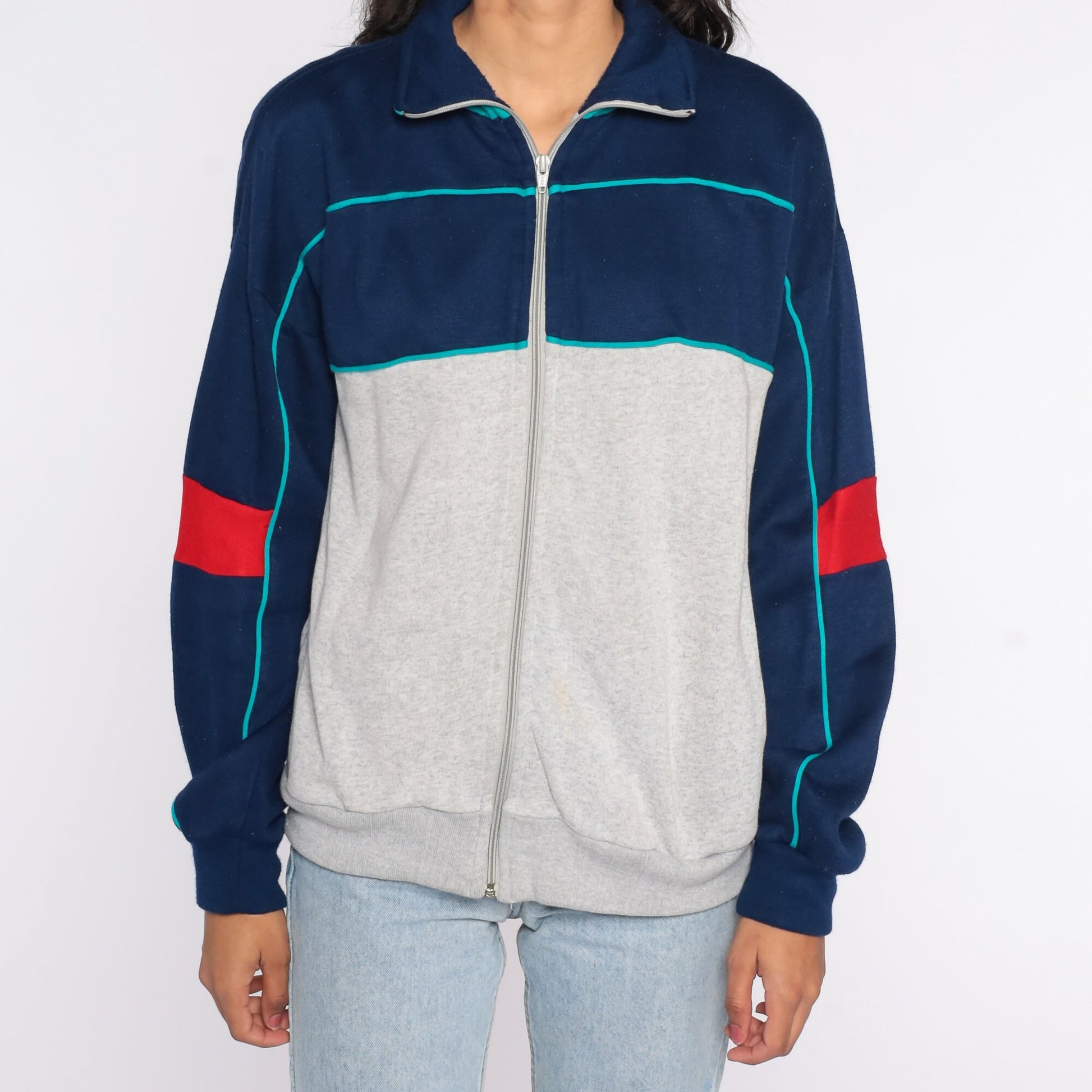 80s Track Jacket Blue Grey Zip Up Sweatshirt Medium