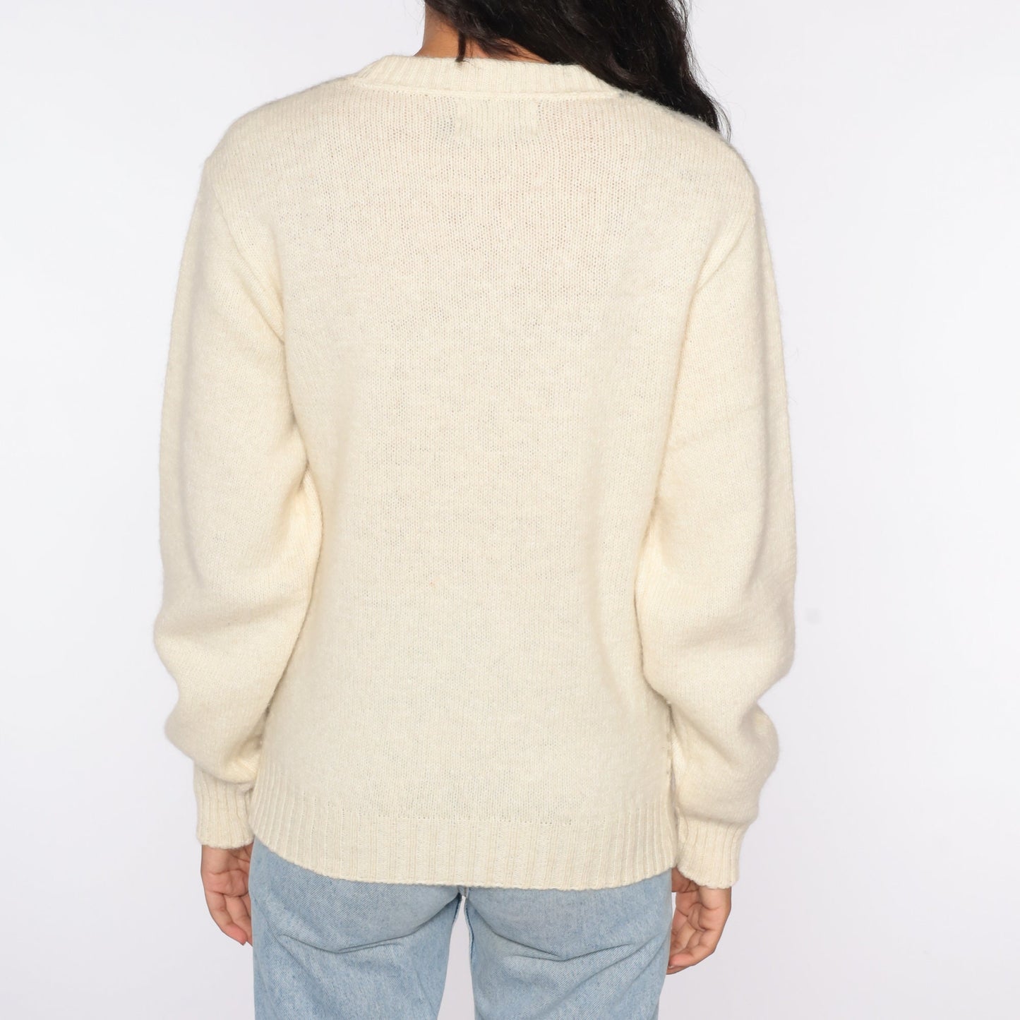 80s Cream Geometric Wool Blend Sweater Knit Pullover Medium