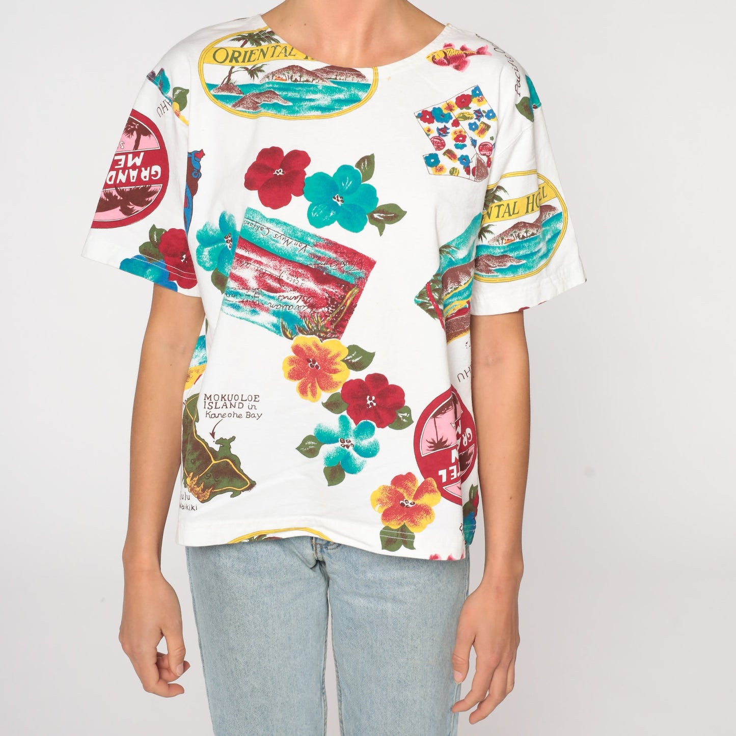 90s Hawaii Map Floral Graphic T-Shirt Mokuoloe Island Cotton Medium